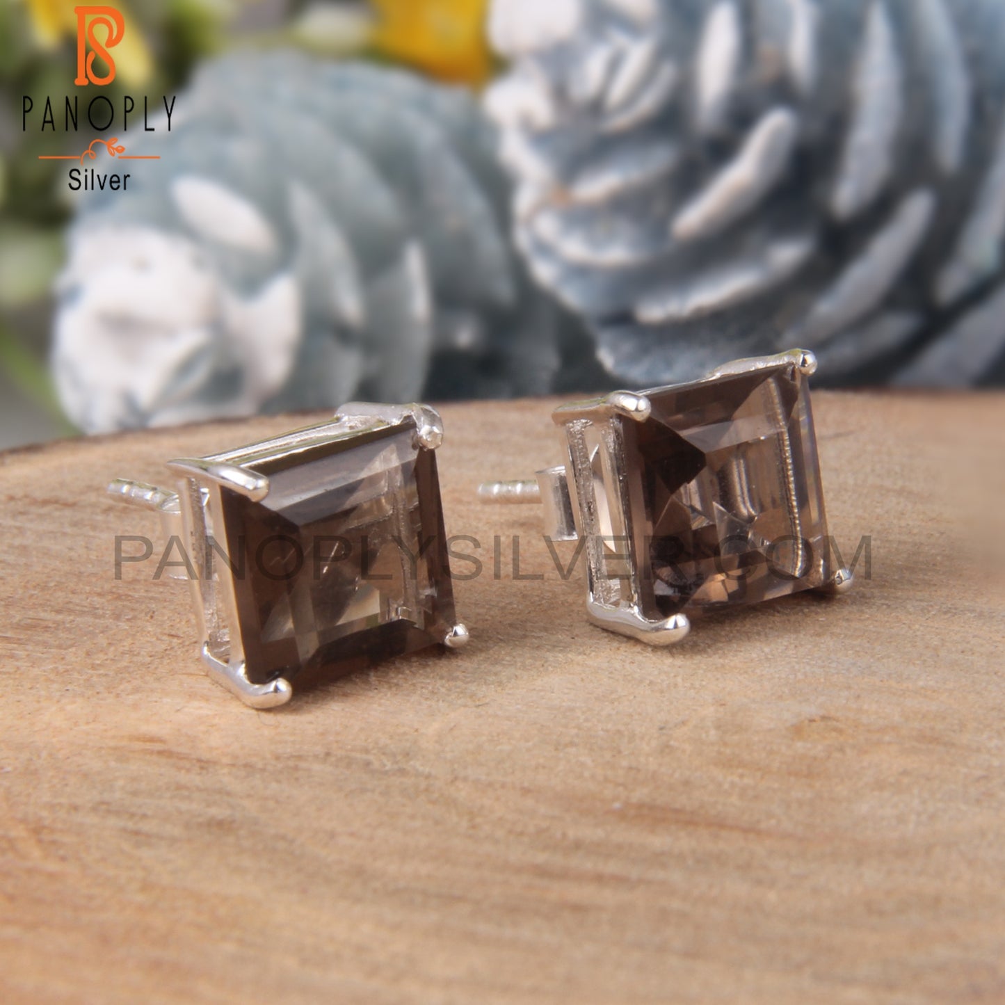Princess Cut Smoky Quartz Basket Set Womens Stud Earrings