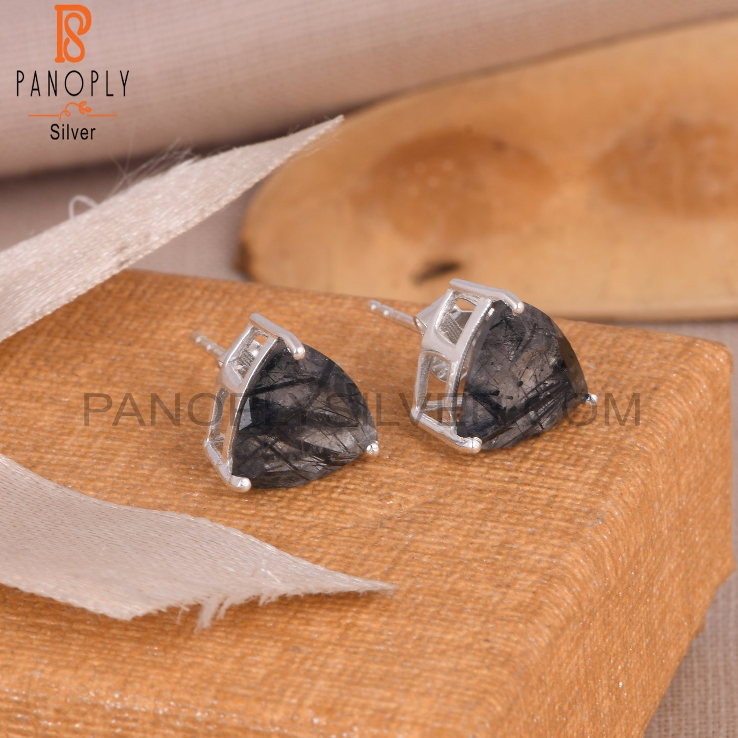 Black Rutile triangle Shape Stud Earrings