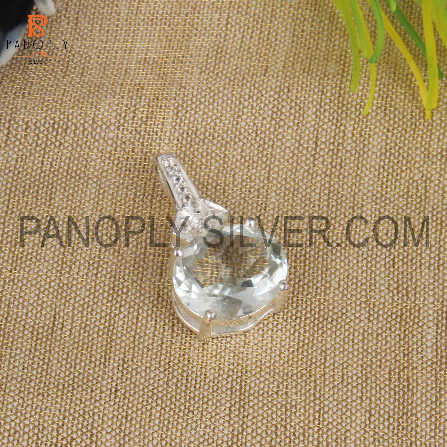 Green Amethyst, White Topaz Studded Faceted Cut Pendant