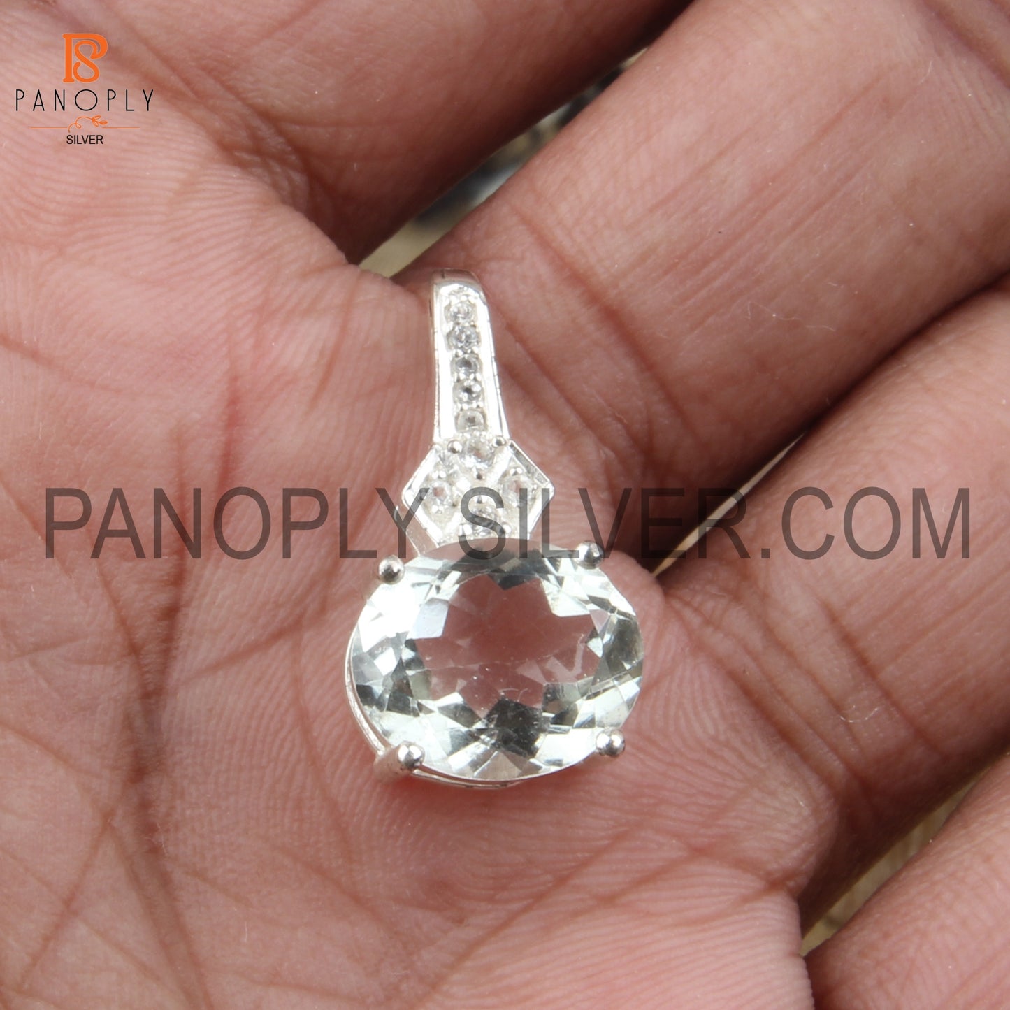 Green Amethyst, White Topaz Studded Faceted Cut Pendant