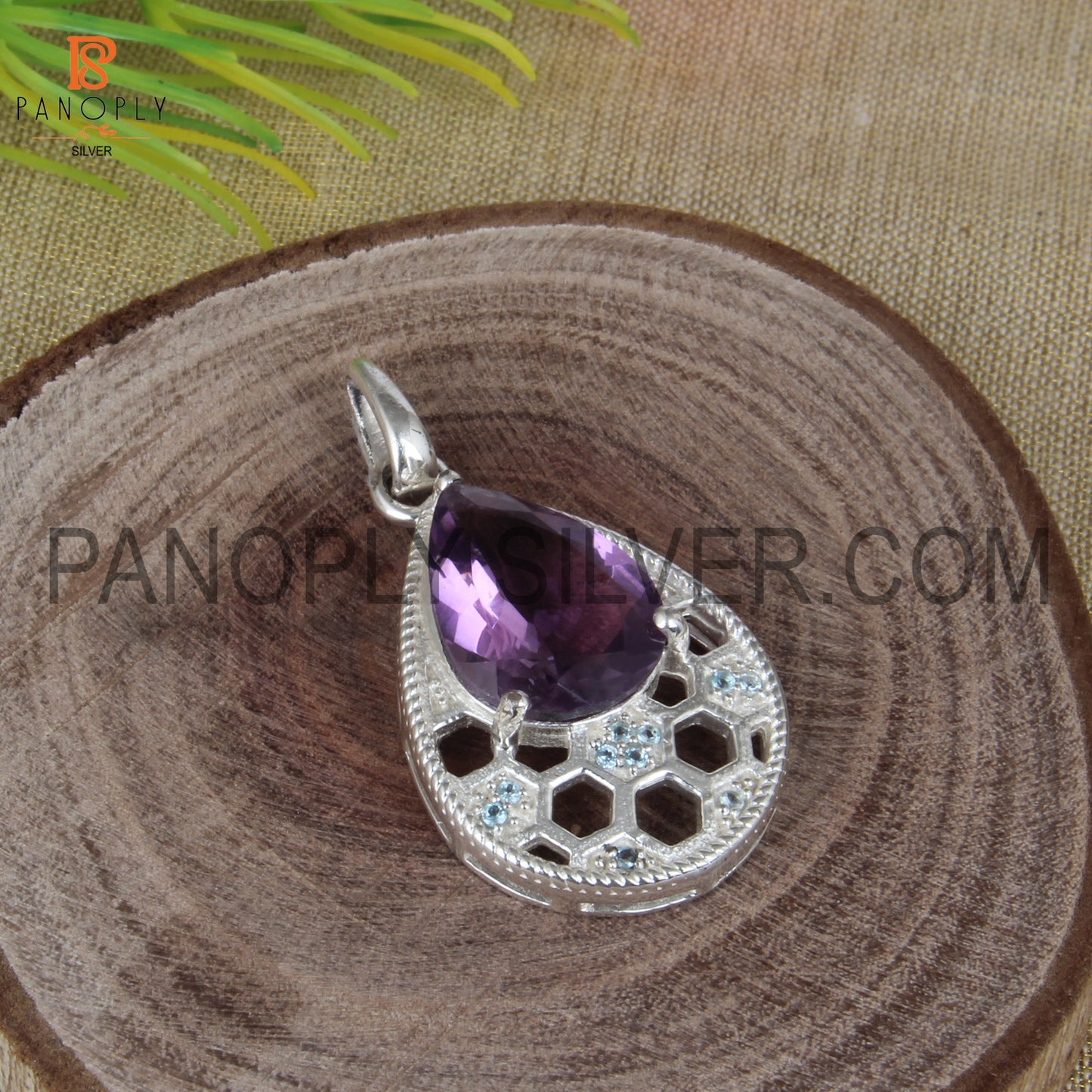Honeycomb Pear Shape Amethyst and Blue Topaz Studded Silver Pendant