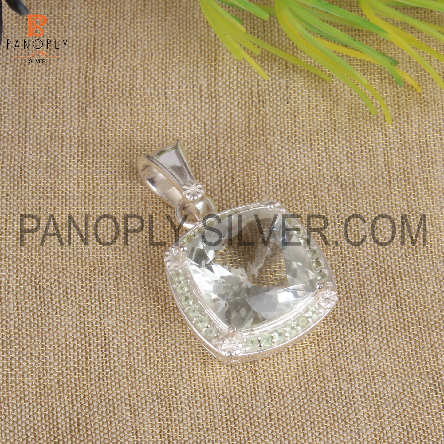 Faceted Cut Green Amethyst Gem Studded Peridot Silver Pendant