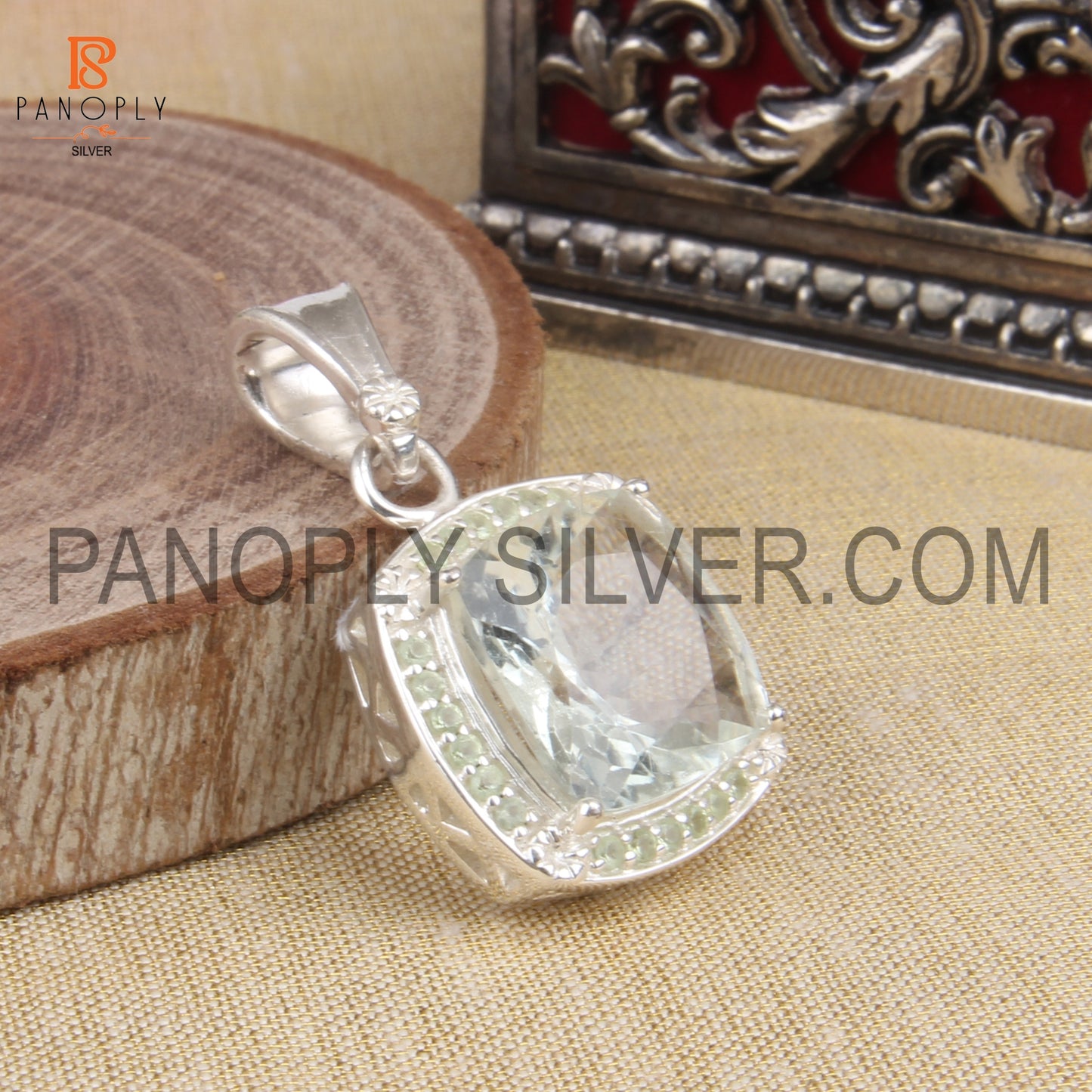 Faceted Cut Green Amethyst Gem Studded Peridot Silver Pendant