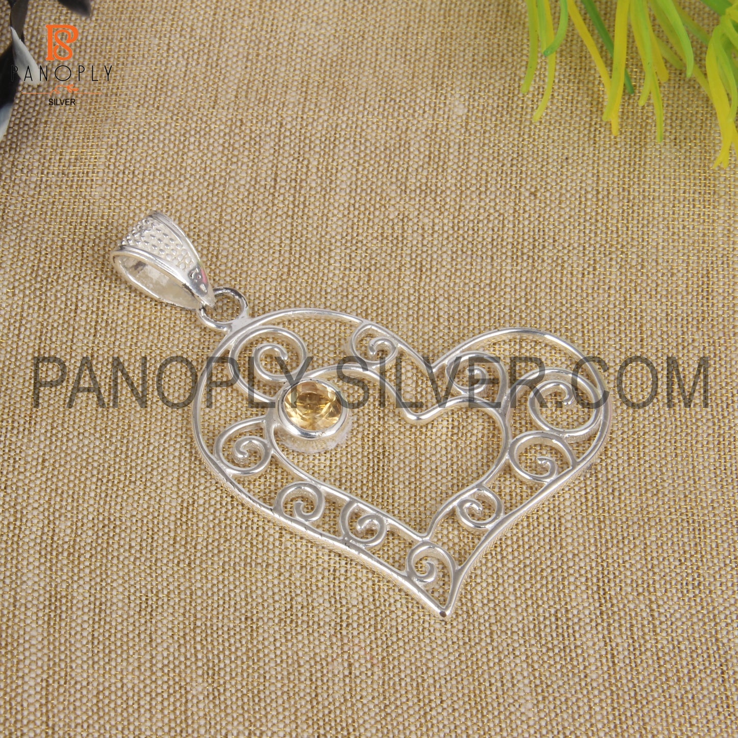 Double Heart 925 Silver Gem Citrine Filigree Pendant