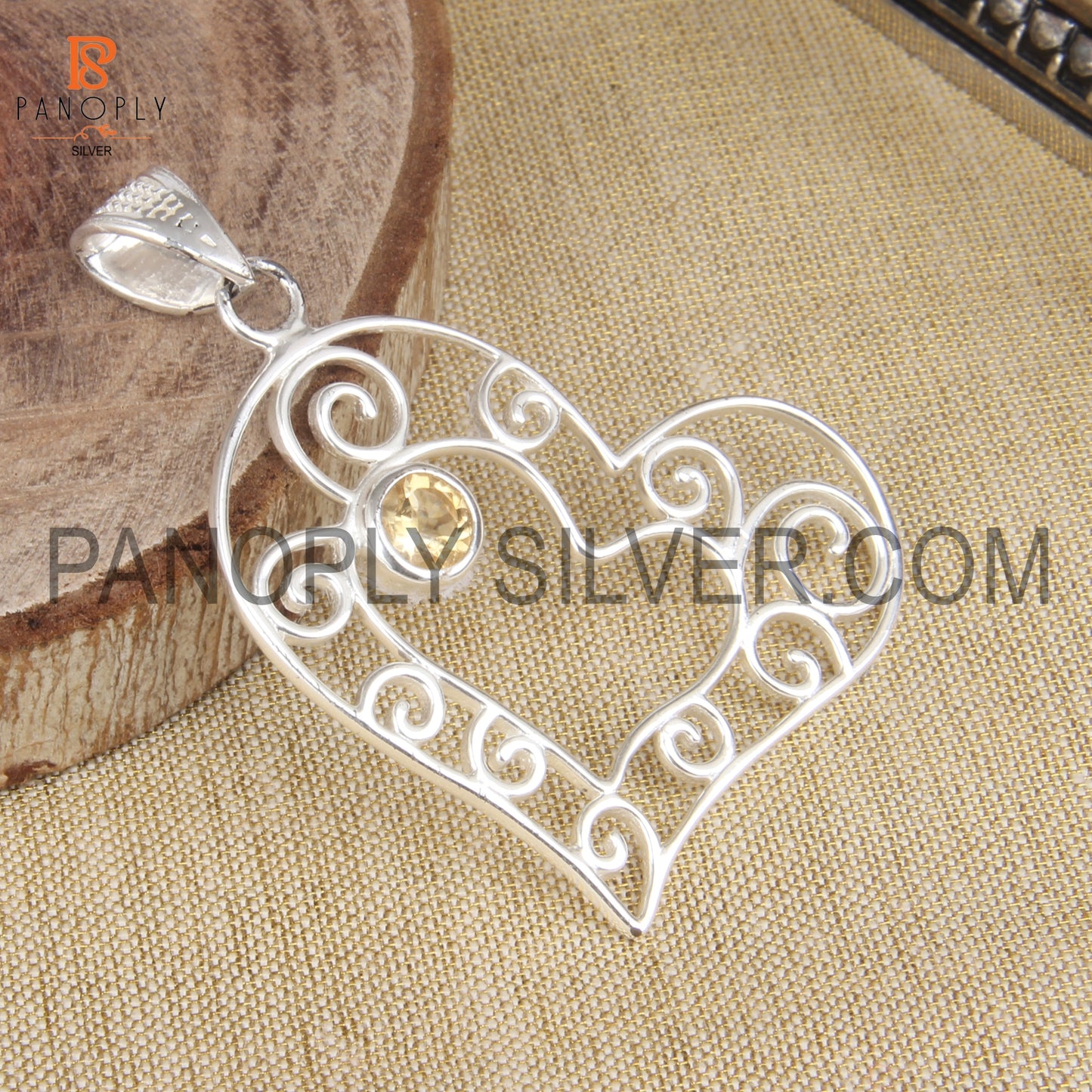 Double Heart 925 Silver Gem Citrine Filigree Pendant