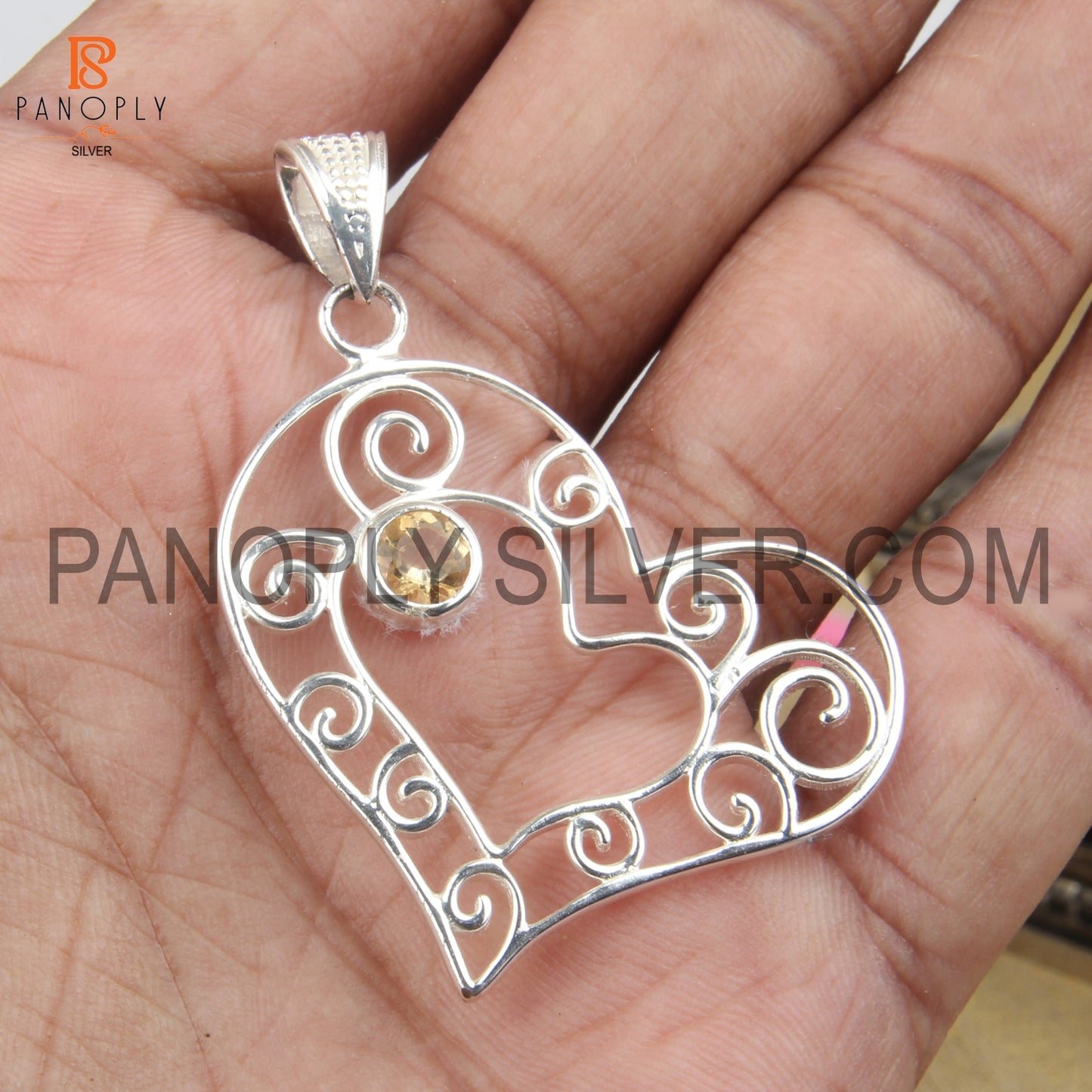 Double Heart 925 Silver Gem Citrine Filigree Pendant