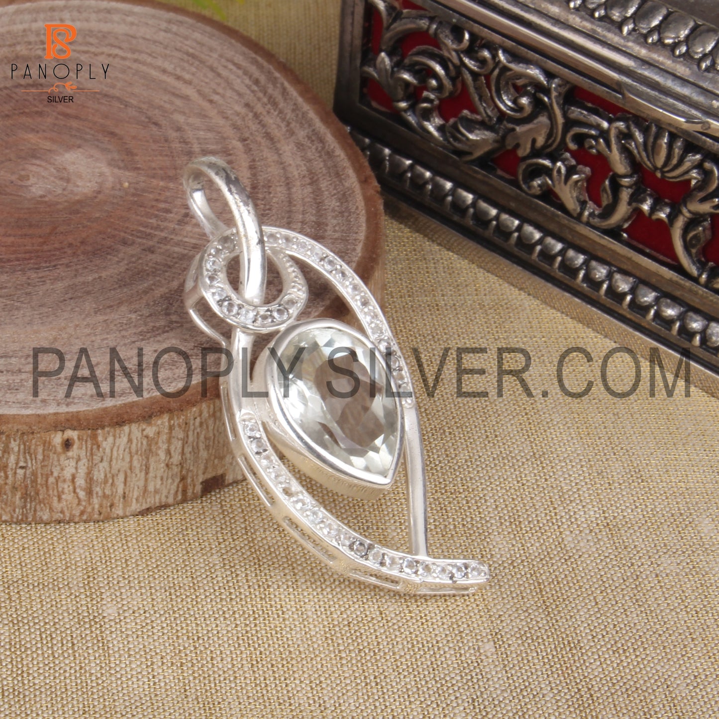 925 Sterling Silver Green Amethyst And White Topaz Pendant For Women's