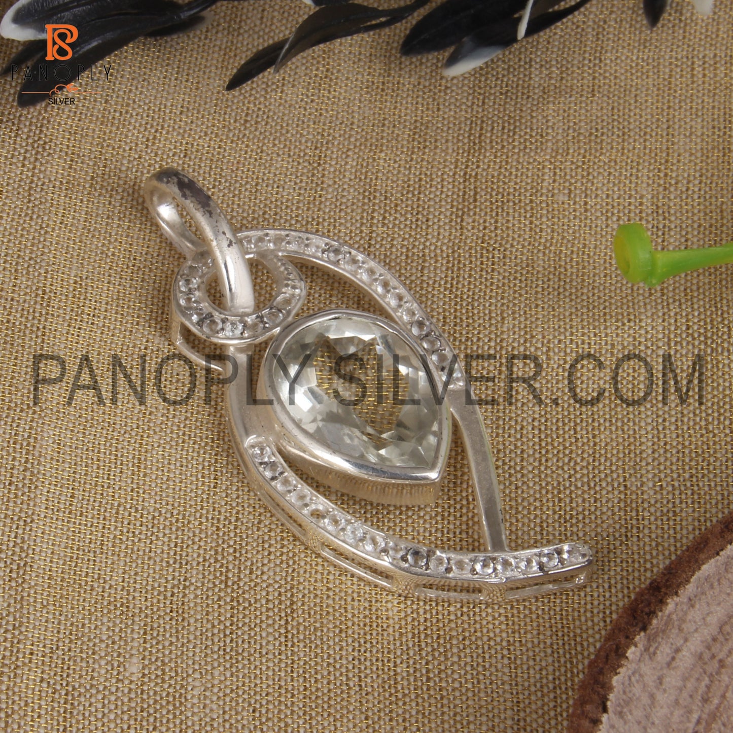 925 Sterling Silver Green Amethyst And White Topaz Pendant For Women's