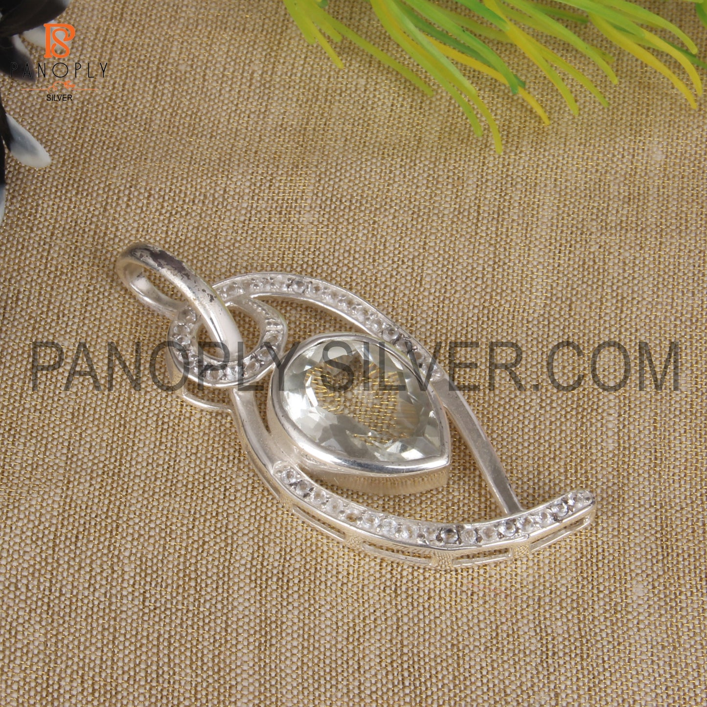 925 Sterling Silver Green Amethyst And White Topaz Pendant For Women's