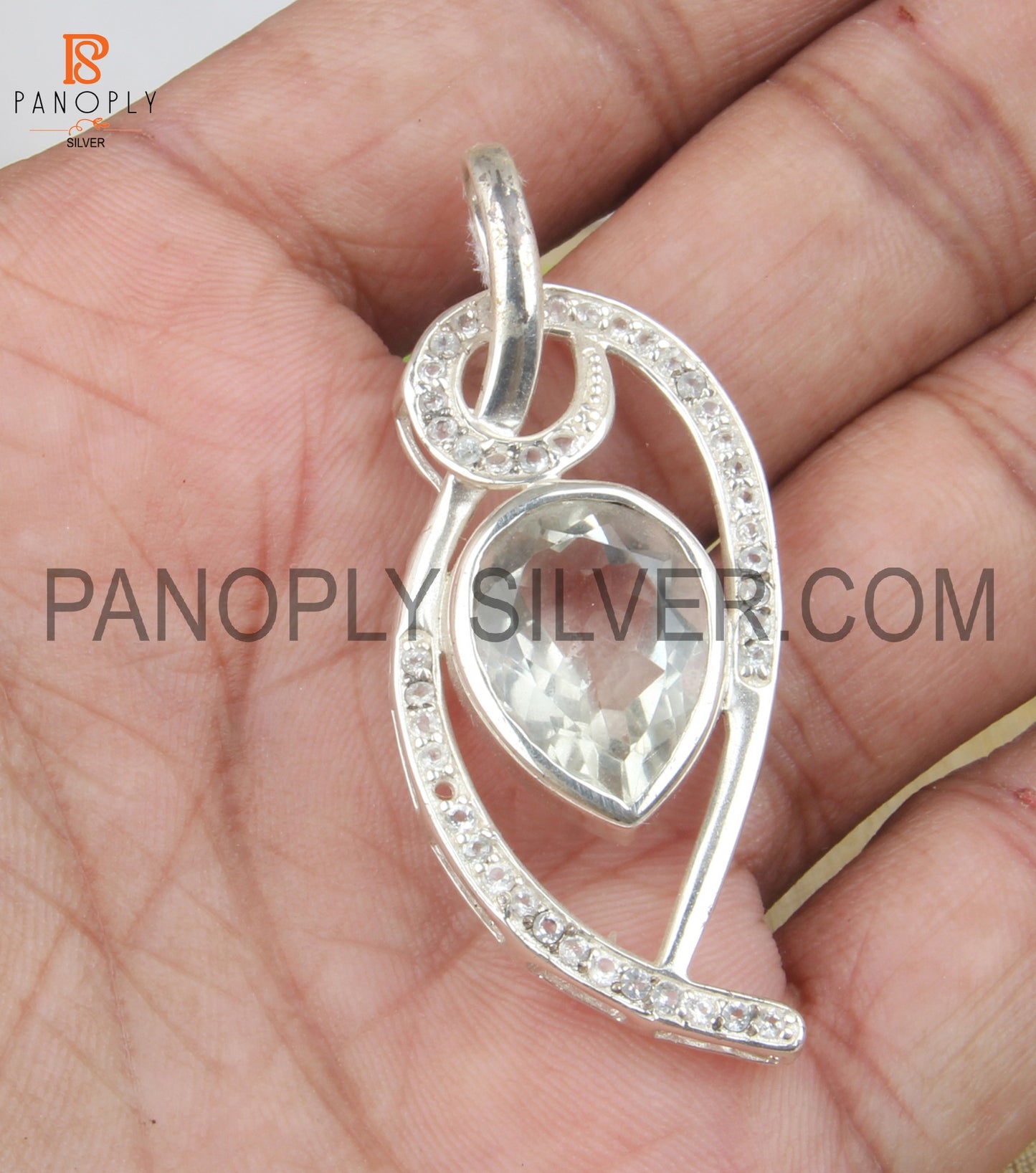 925 Sterling Silver Green Amethyst And White Topaz Pendant For Women's