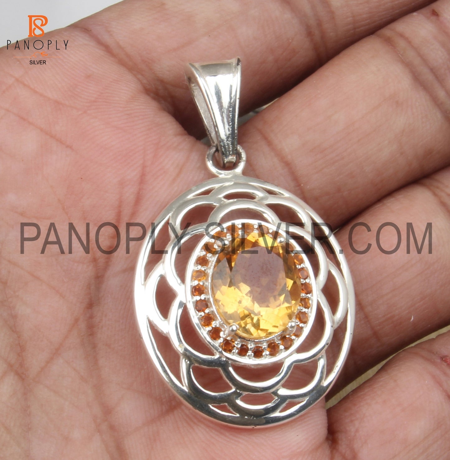 925 Silver Oval Filigree November Birthstone Citrine Gem Pendant