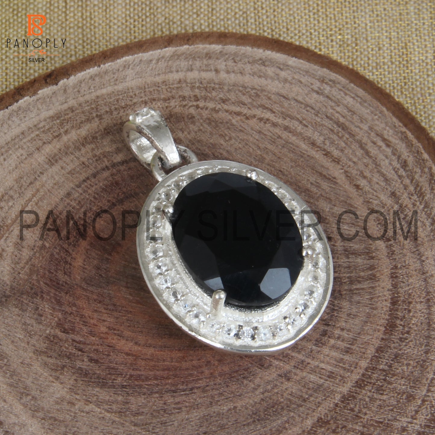 Black Onyx, White Topaz 925 Sterling Silver Prong Set Gemstone Pendant