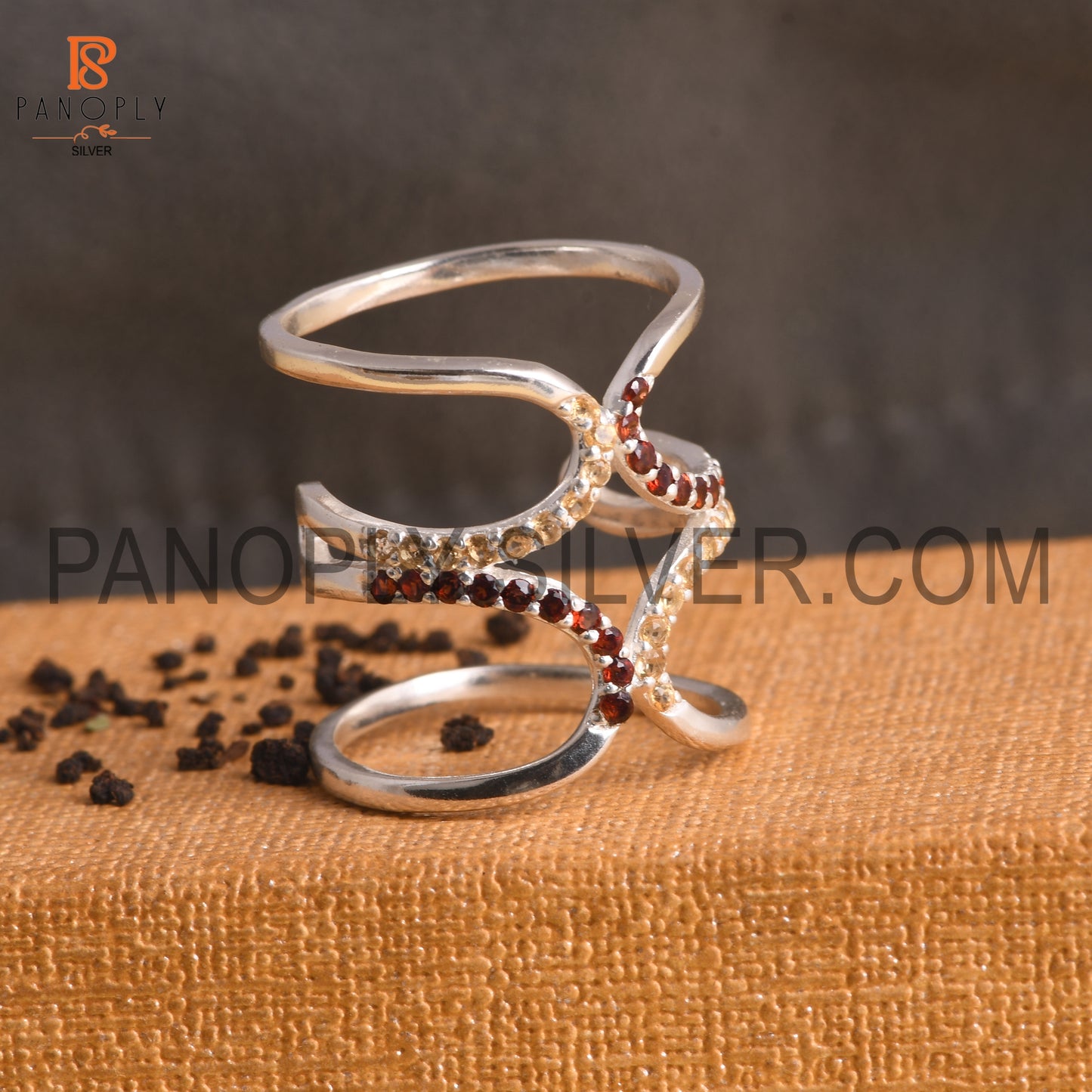 925 Sterling Silver Citrine & Garnet Gemstone Knuckle Joint Ring