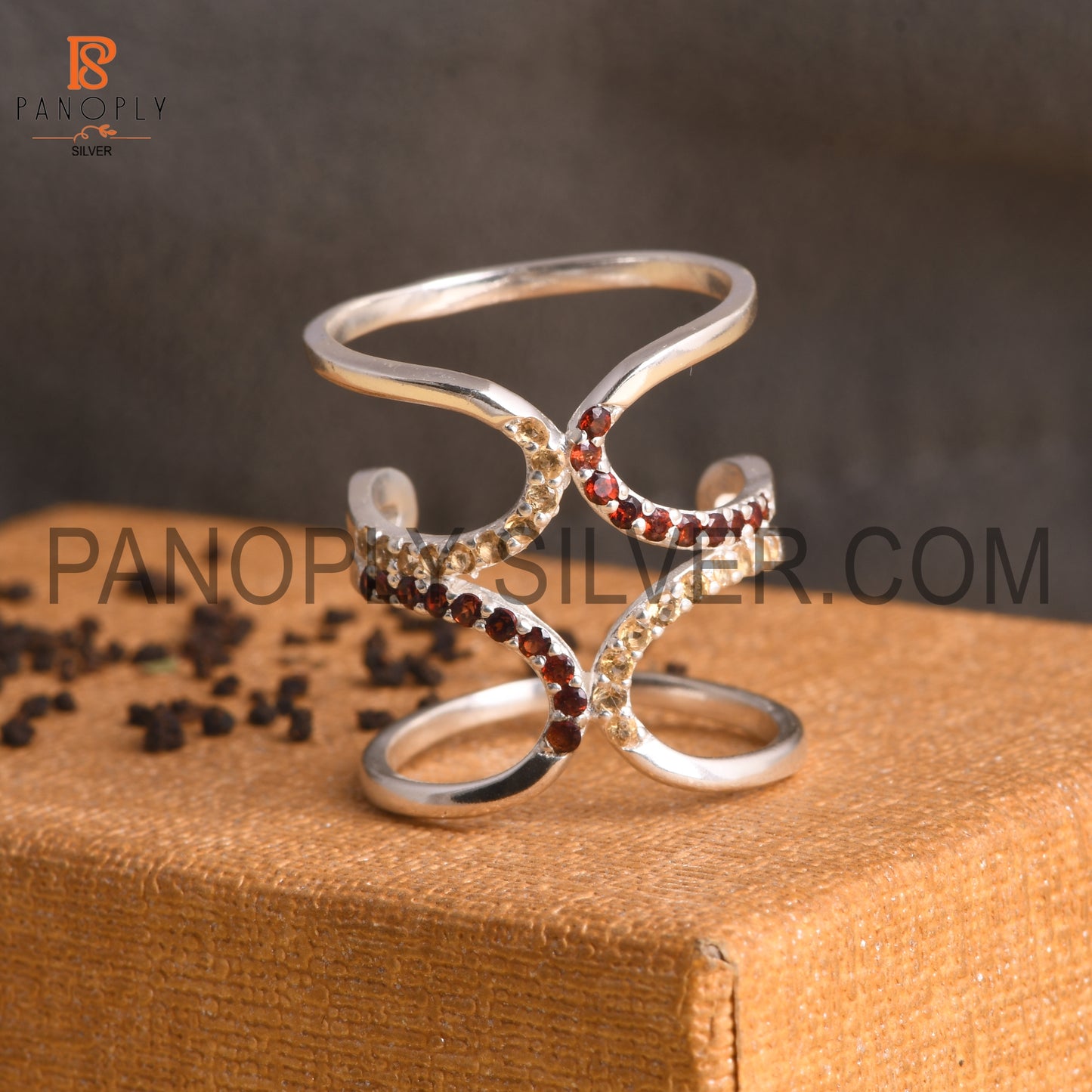 925 Sterling Silver Citrine & Garnet Gemstone Knuckle Joint Ring