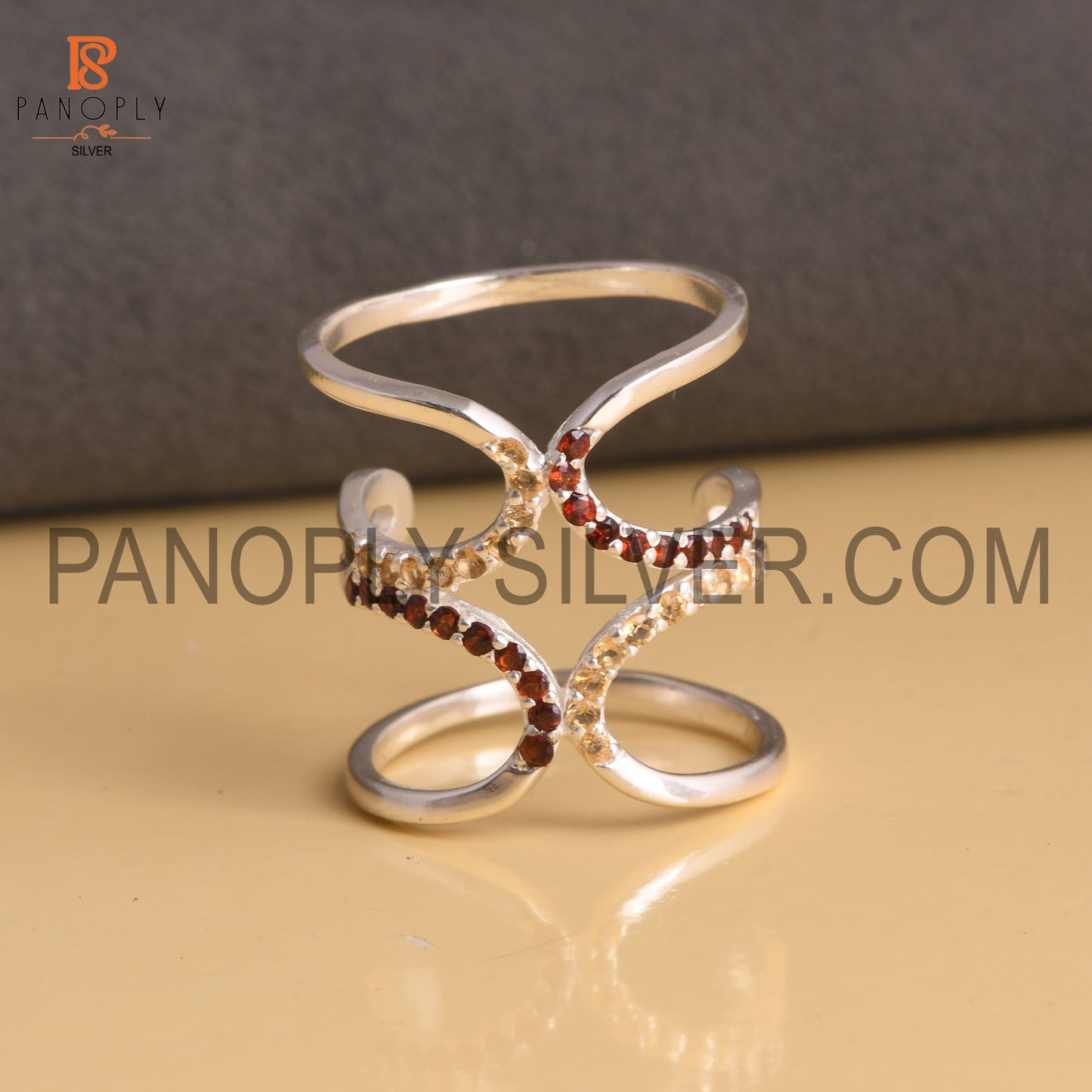 925 Sterling Silver Citrine & Garnet Gemstone Knuckle Joint Ring