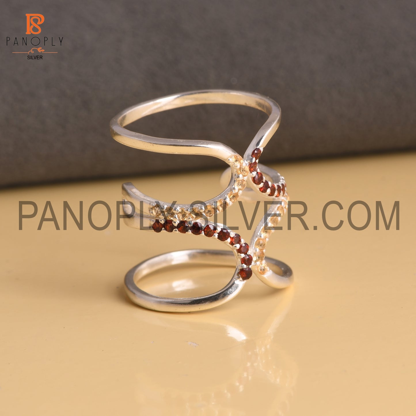 925 Sterling Silver Citrine & Garnet Gemstone Knuckle Joint Ring