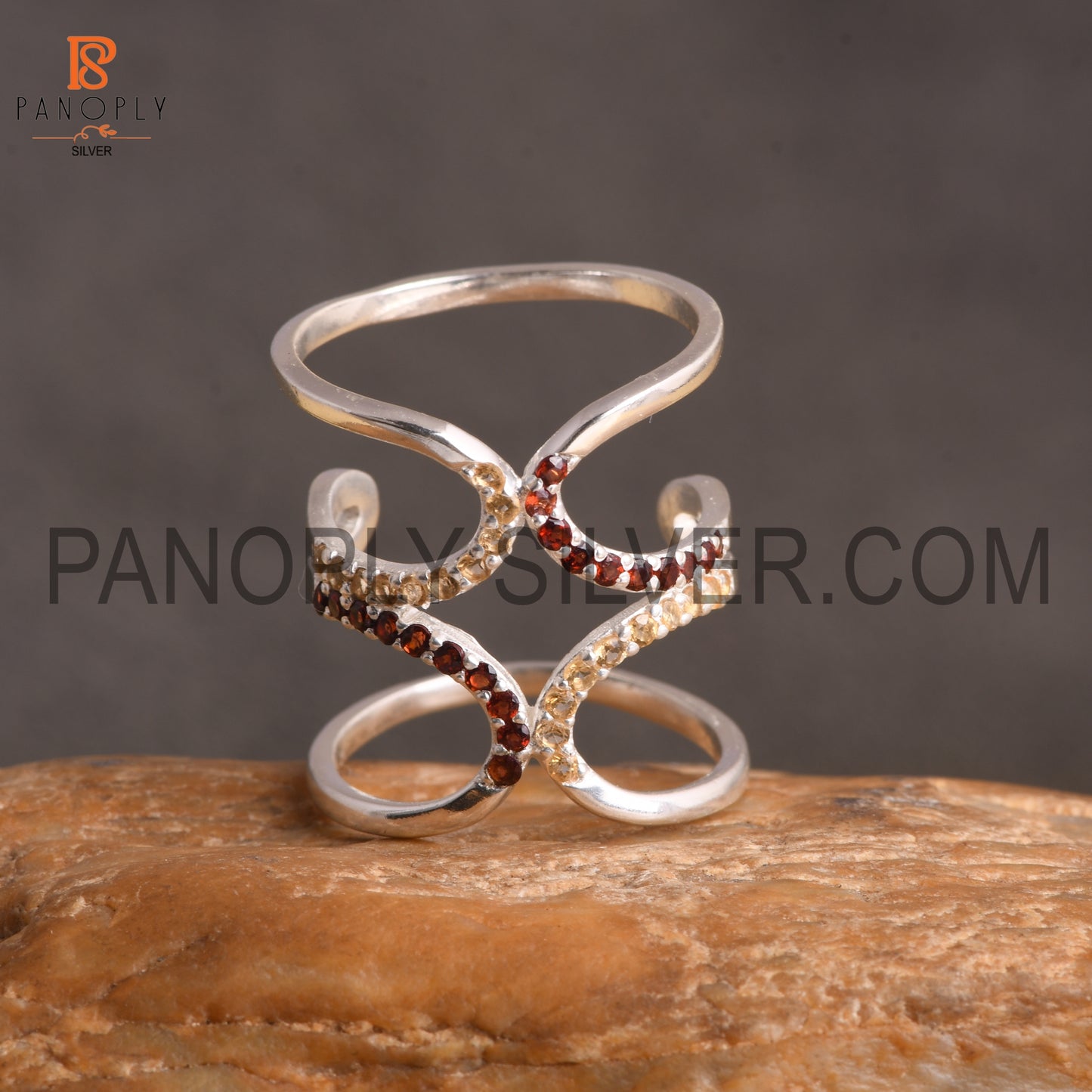 925 Sterling Silver Citrine & Garnet Gemstone Knuckle Joint Ring
