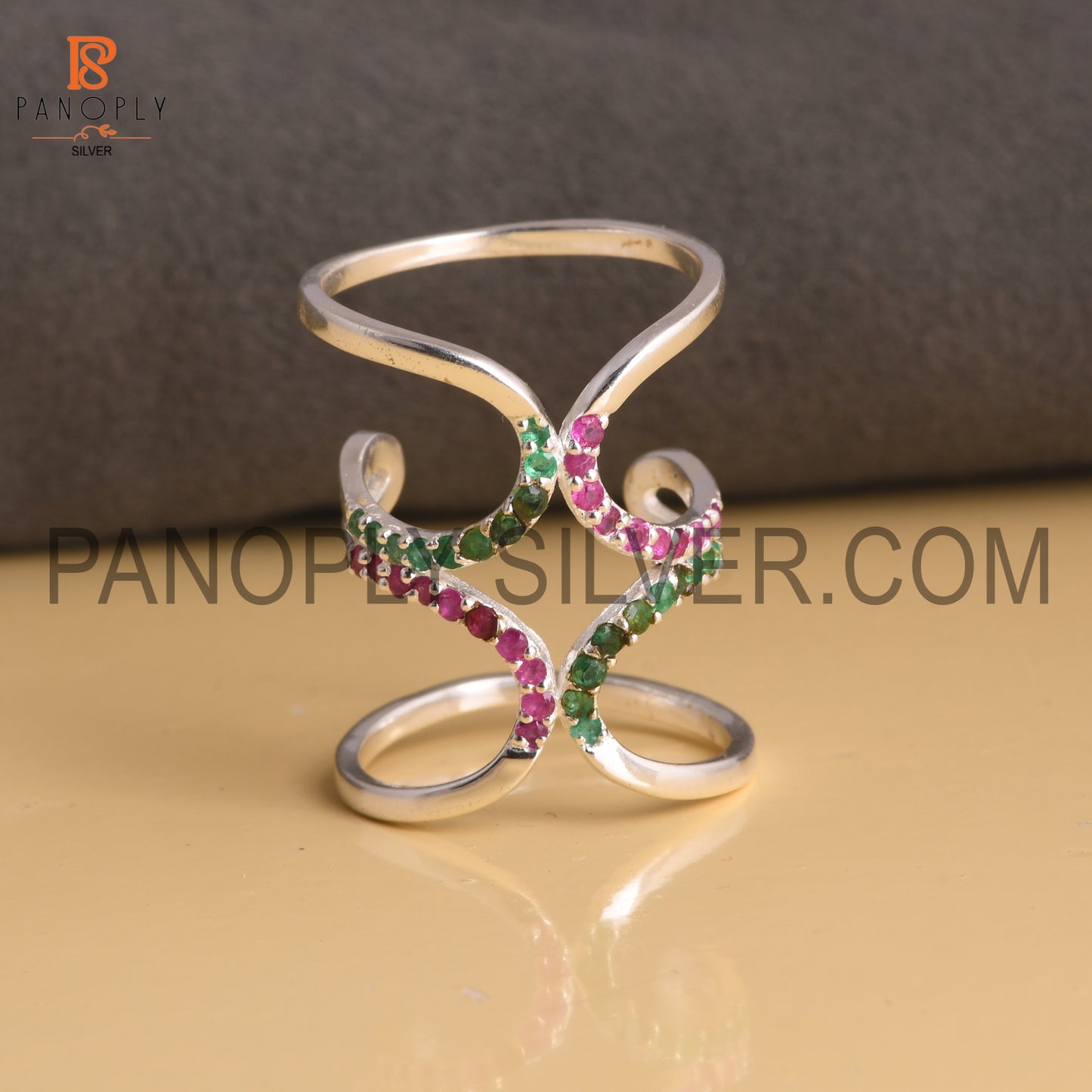 Ruby, Emerald Knuckle Rings 925 Silver Statement Engagement Ring