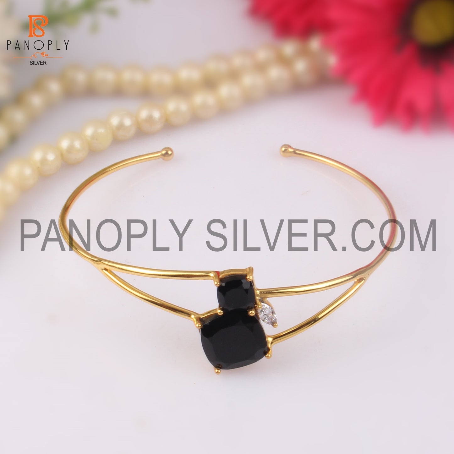 Openable Gold Plated Black Onyx & CZ Gemstone Cuff Bangle