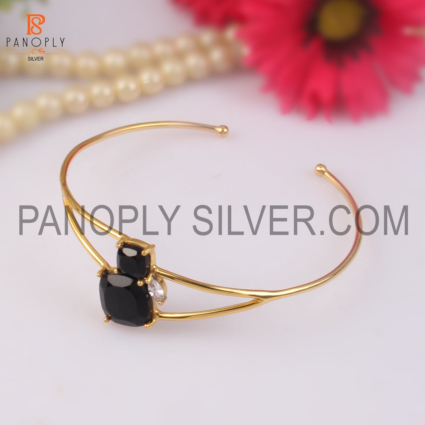 Openable Gold Plated Black Onyx & CZ Gemstone Cuff Bangle