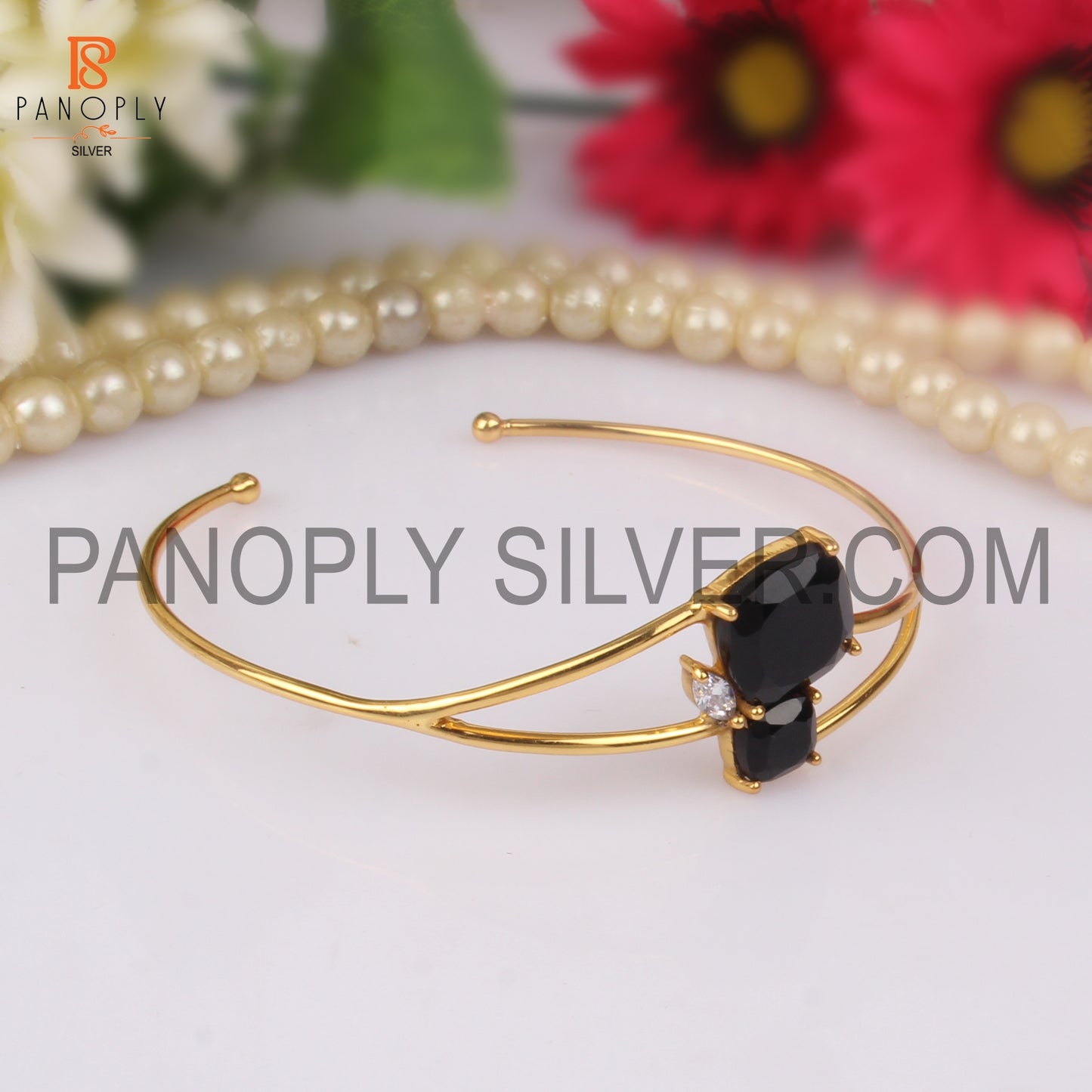 Openable Gold Plated Black Onyx & CZ Gemstone Cuff Bangle