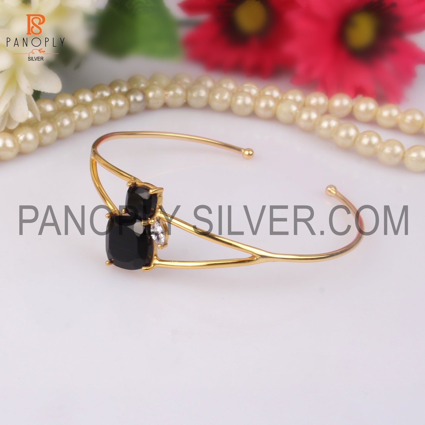 Openable Gold Plated Black Onyx & CZ Gemstone Cuff Bangle