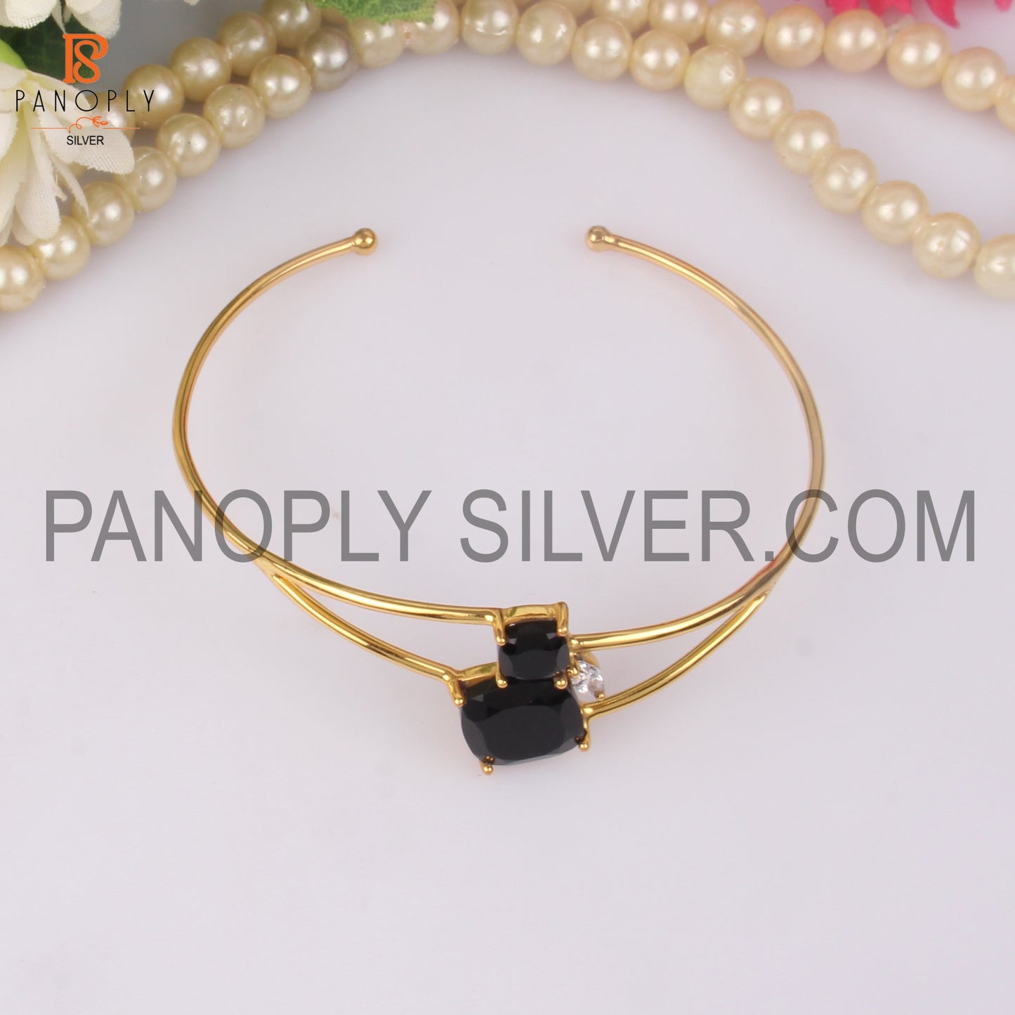 Openable Gold Plated Black Onyx & CZ Gemstone Cuff Bangle