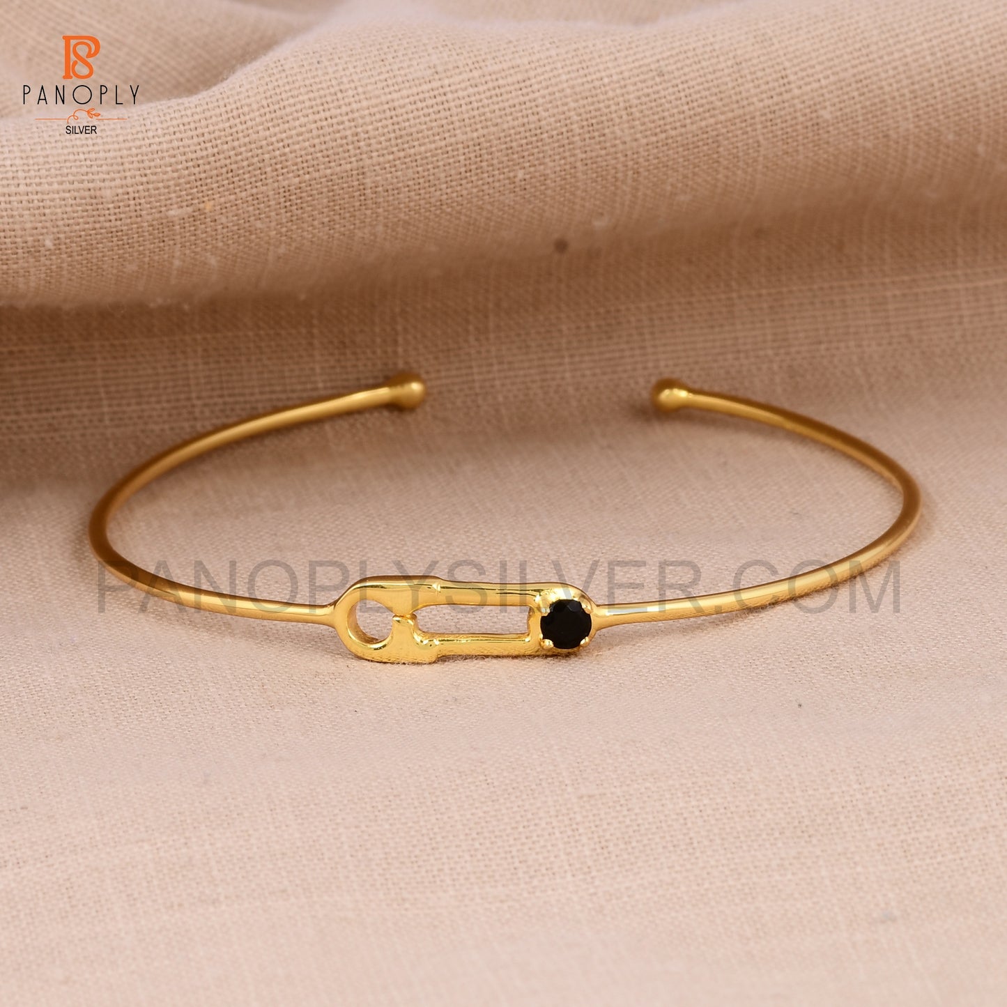 Women's Black Onyx Stone Safety Pin Cuff Bracelet