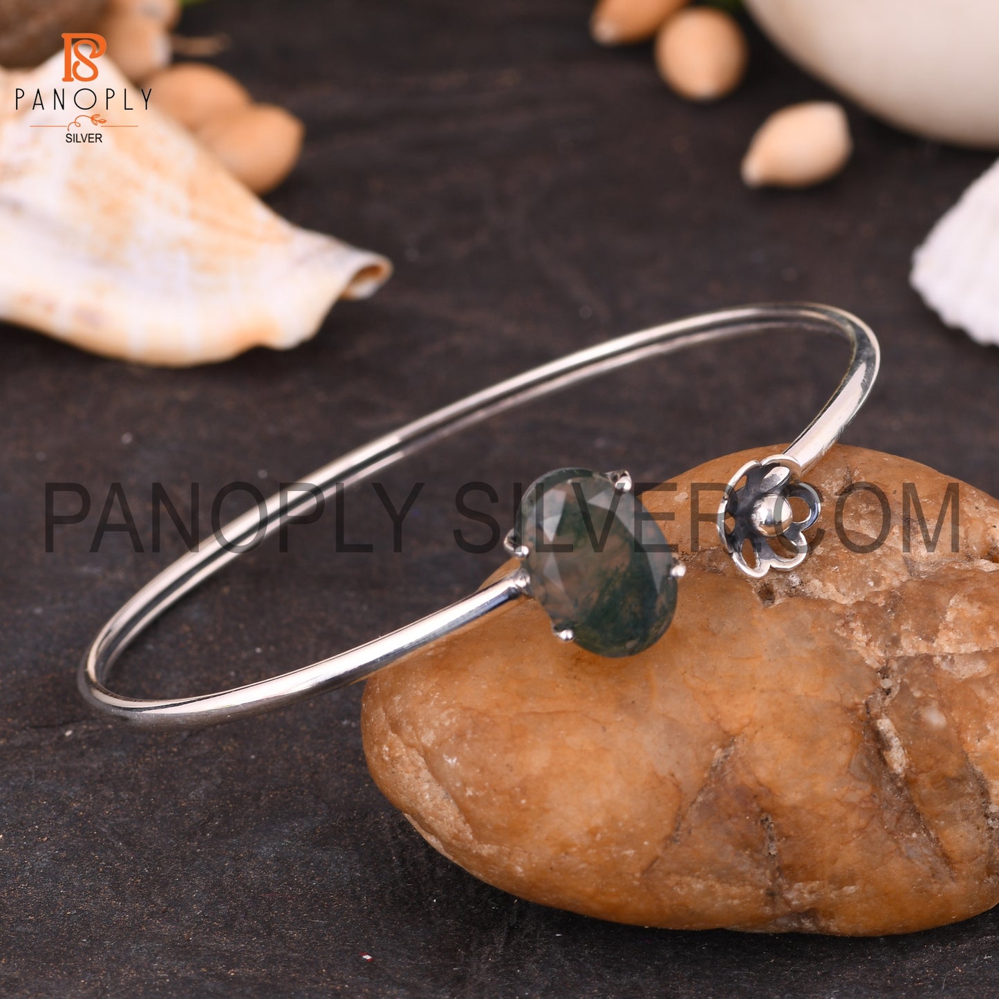 Openable Natural Moss Agate Oval Shape Cuff Bangle