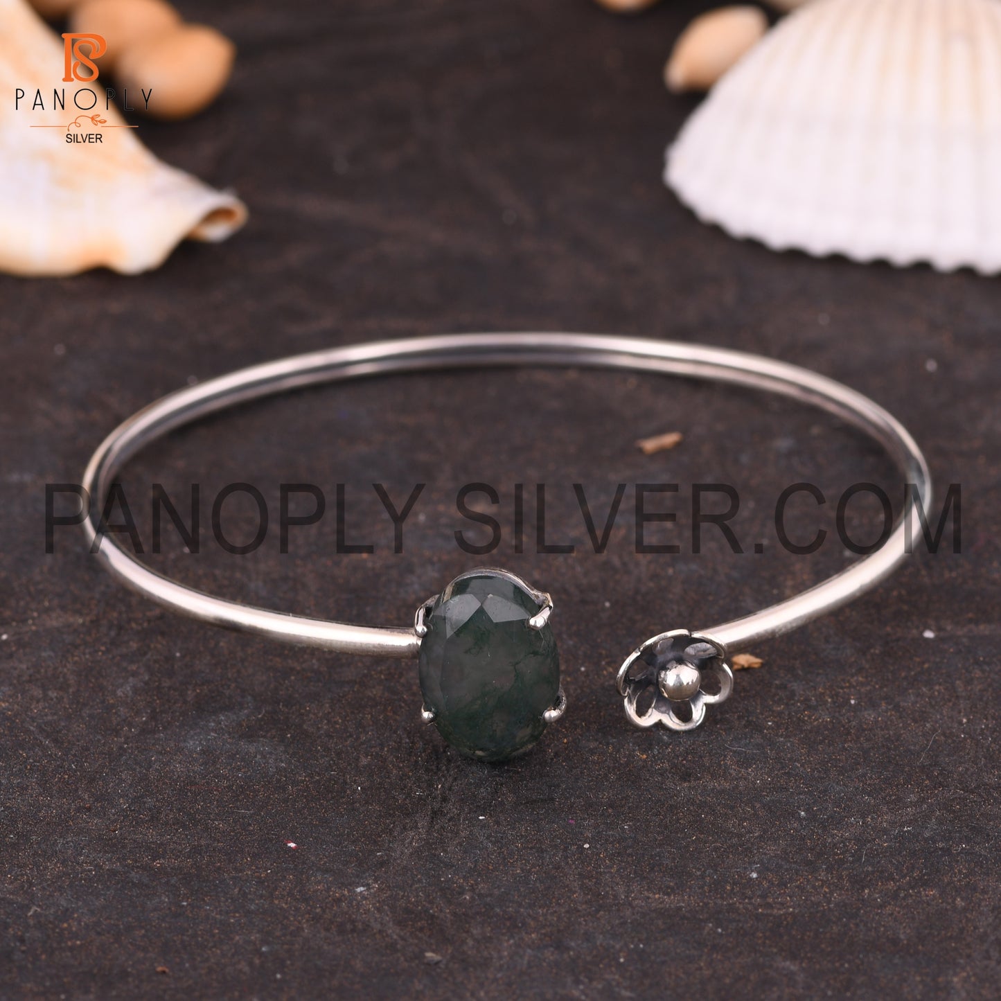 Openable Natural Moss Agate Oval Shape Cuff Bangle