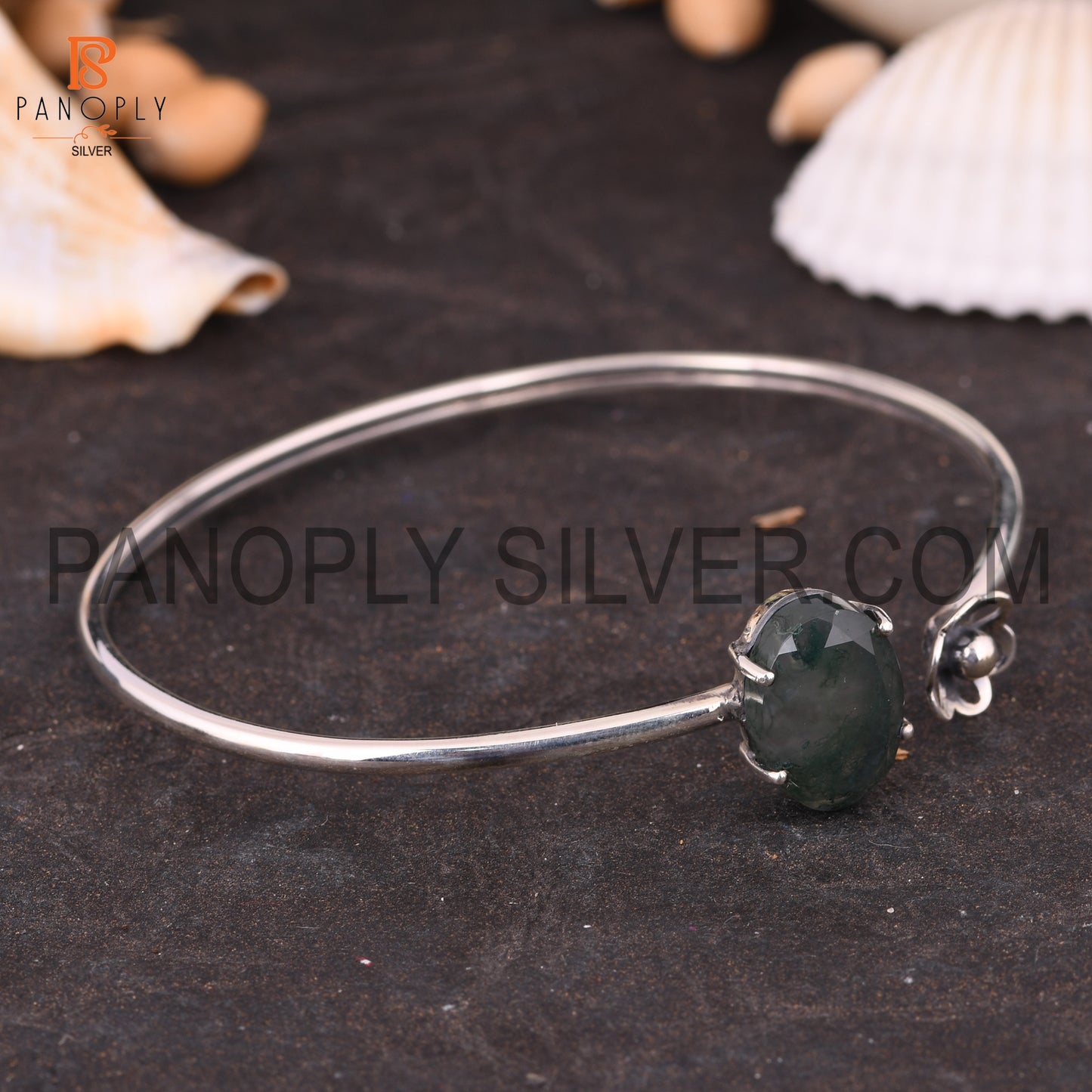 Openable Natural Moss Agate Oval Shape Cuff Bangle