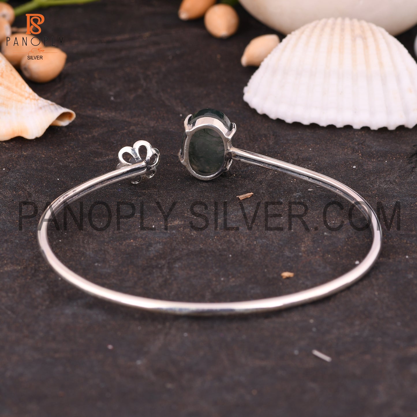 Openable Natural Moss Agate Oval Shape Cuff Bangle