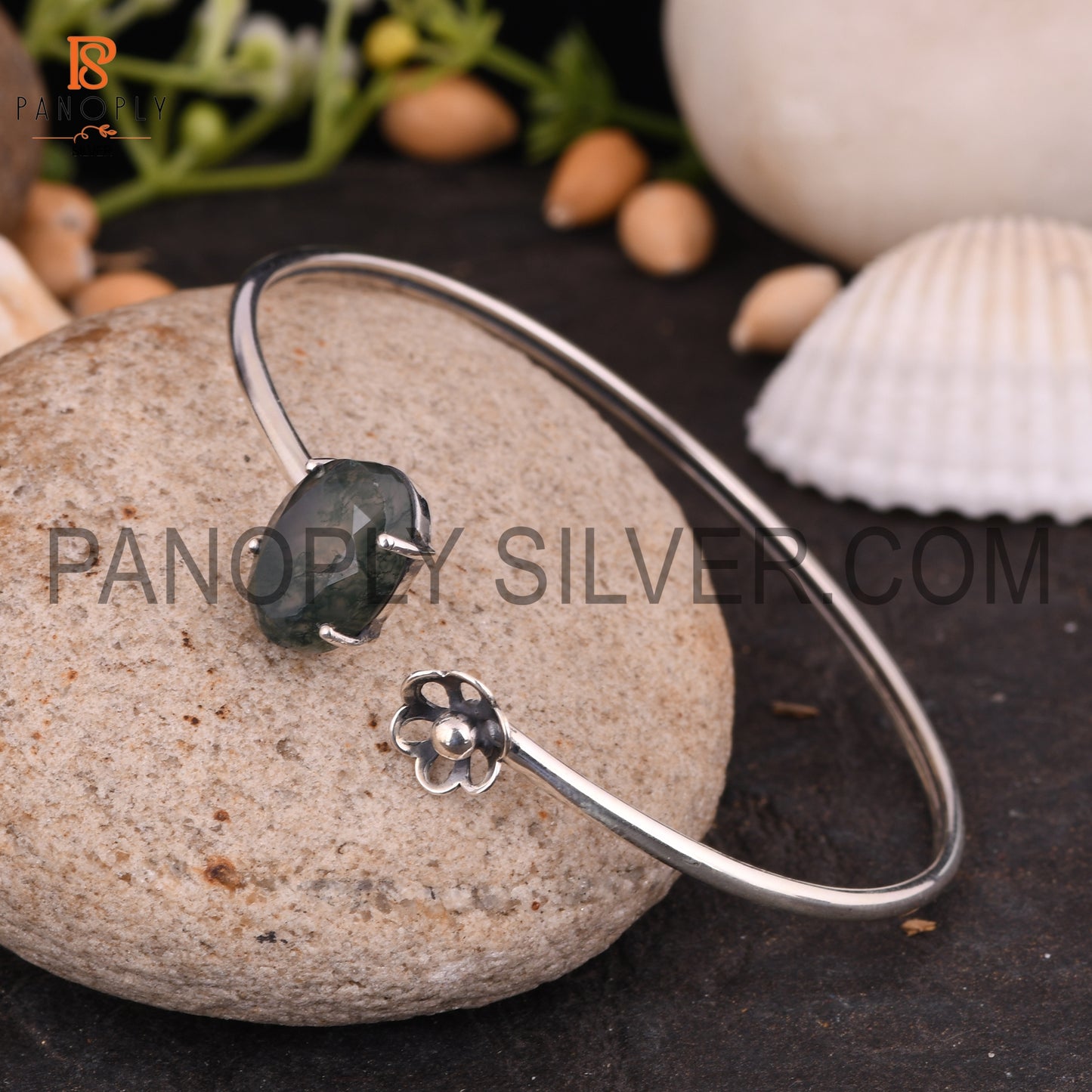 Openable Natural Moss Agate Oval Shape Cuff Bangle