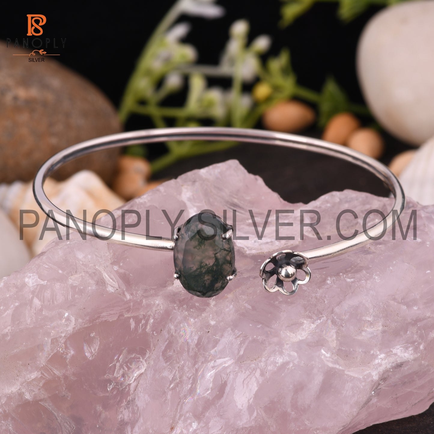 Openable Natural Moss Agate Oval Shape Cuff Bangle