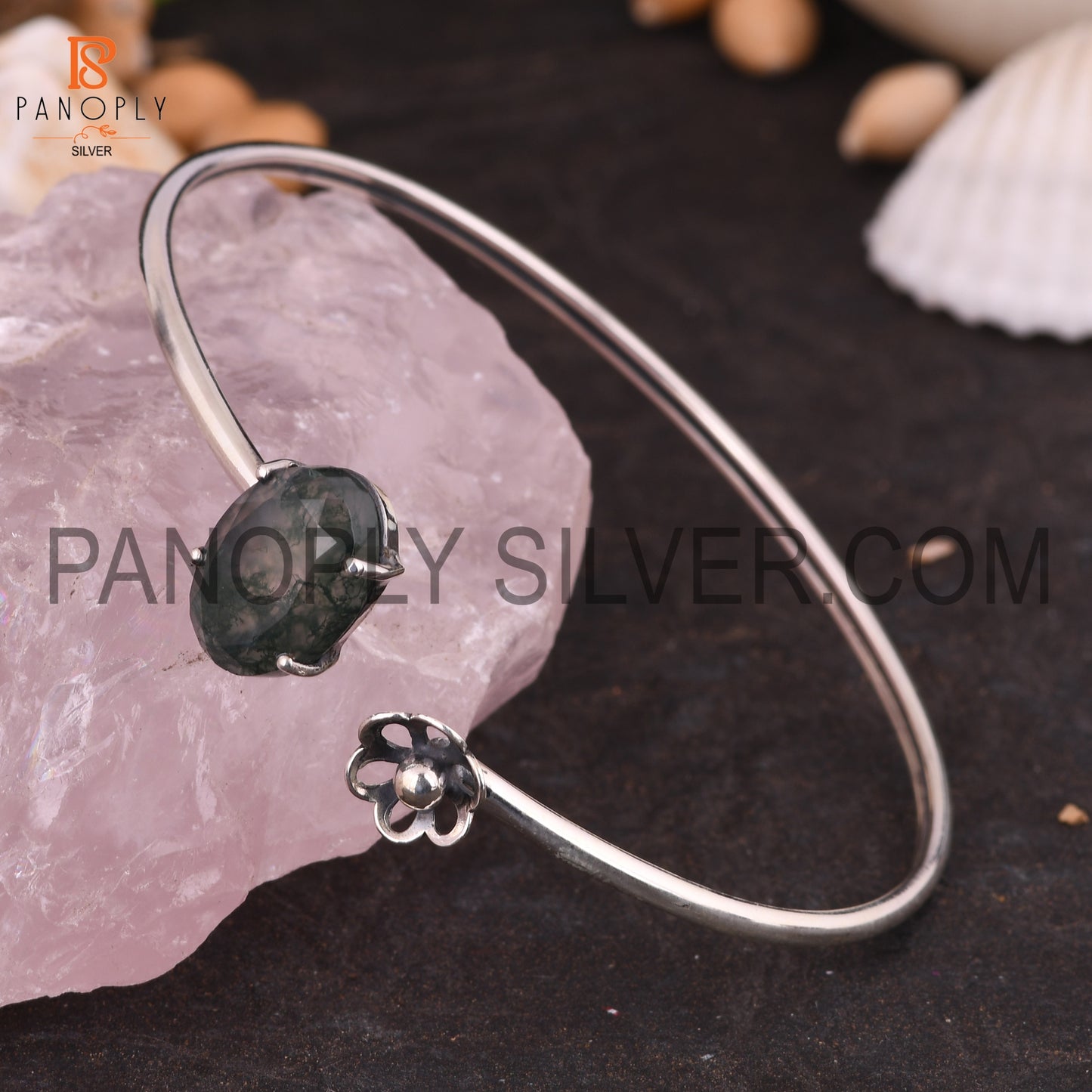 Openable Natural Moss Agate Oval Shape Cuff Bangle