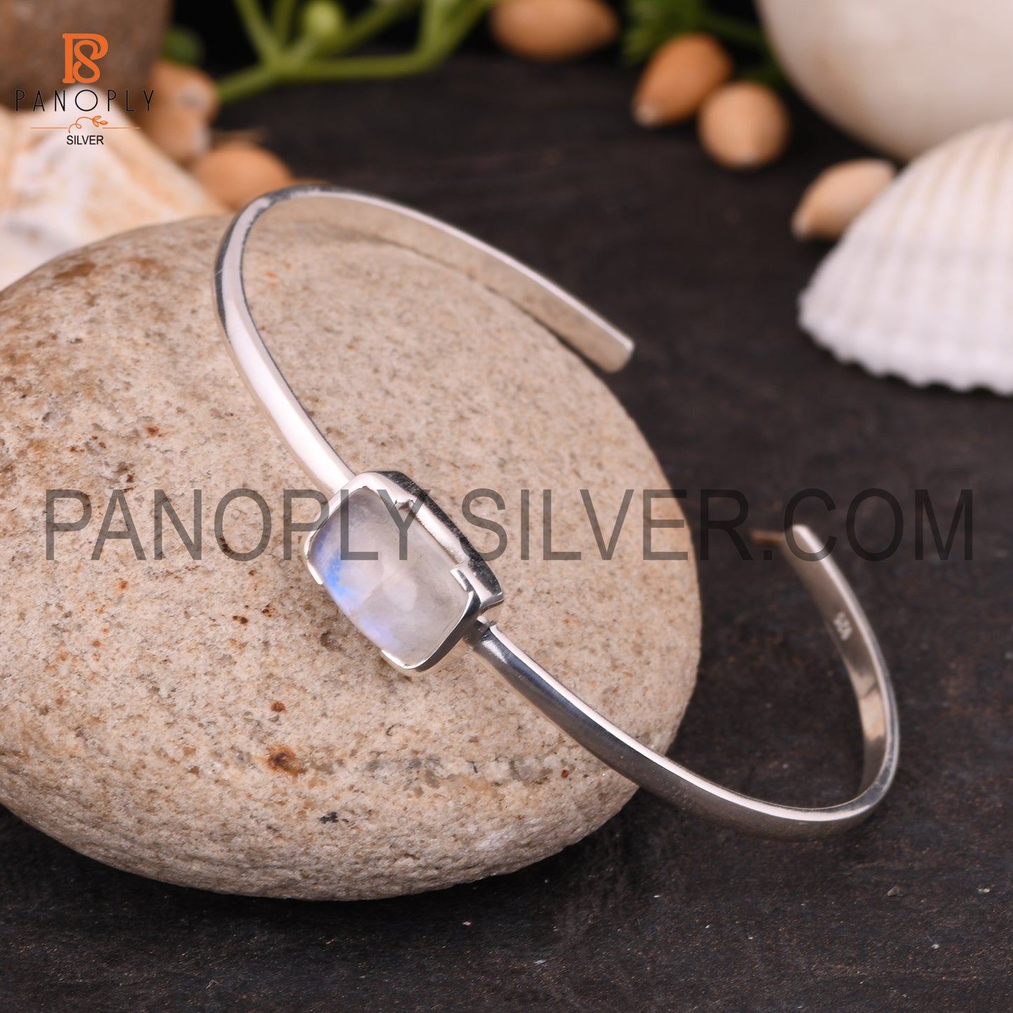 Openable Rainbow Moonstone Genuine Gem Rectangular Bangle
