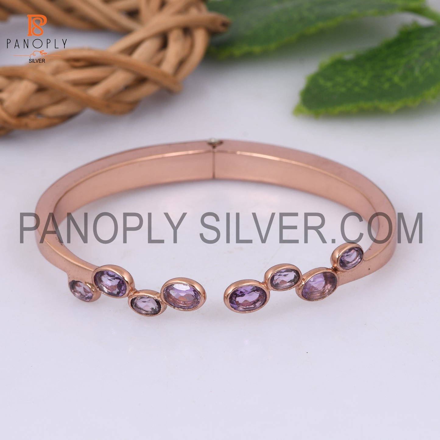 Rose Gold Plated Oval Cut Pink Amethyst Cuff Bangle