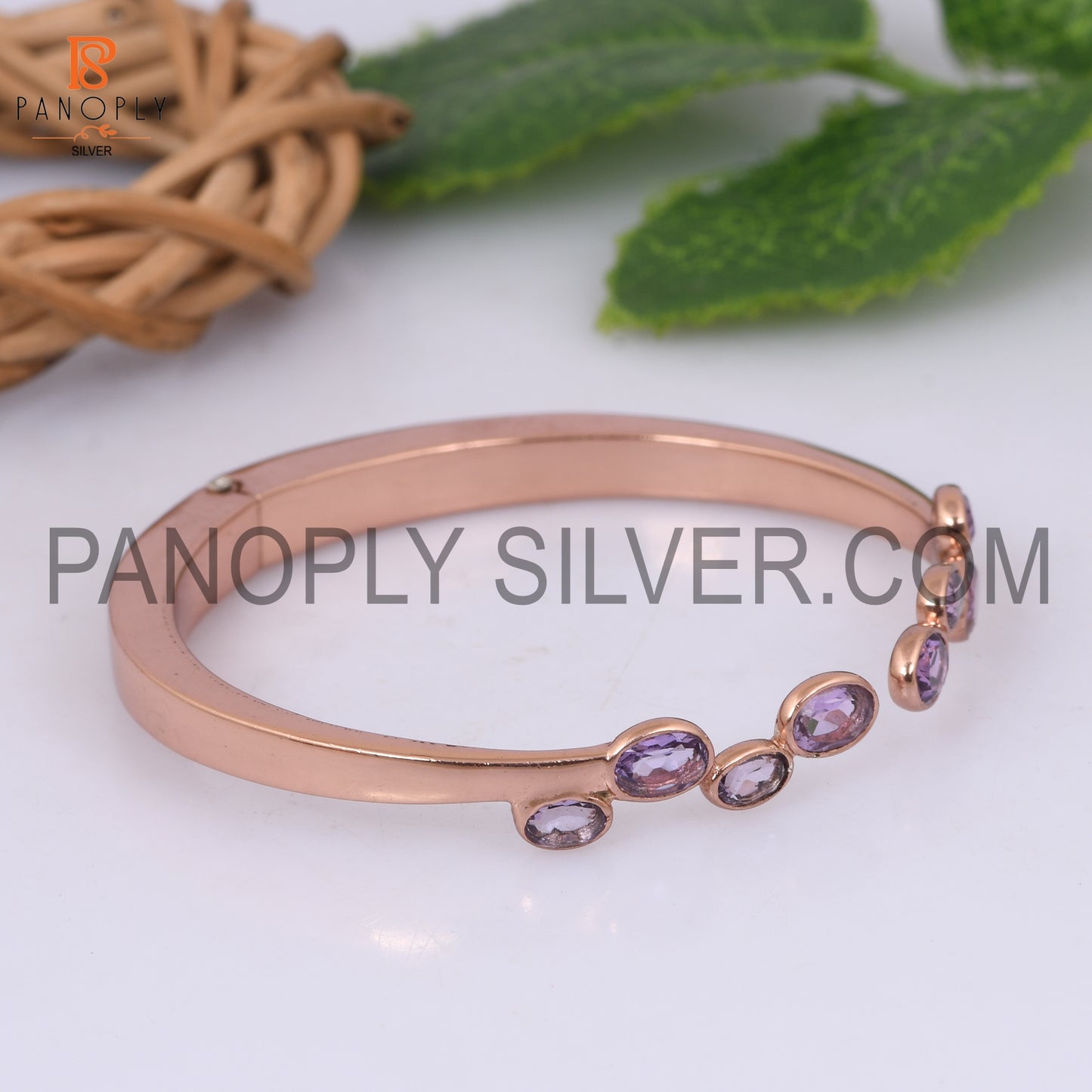 Rose Gold Plated Oval Cut Pink Amethyst Cuff Bangle
