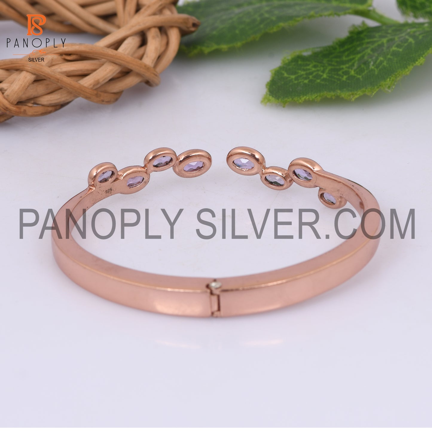 Rose Gold Plated Oval Cut Pink Amethyst Cuff Bangle