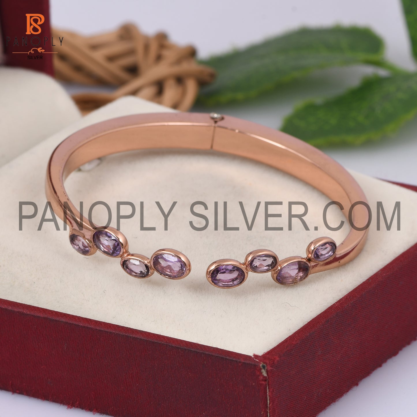 Rose Gold Plated Oval Cut Pink Amethyst Cuff Bangle