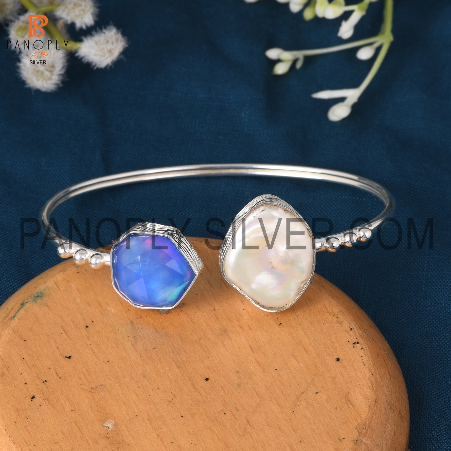 Silver Trendy Cuff With Fancy Aurora Opal Blue & Pearl Bangles