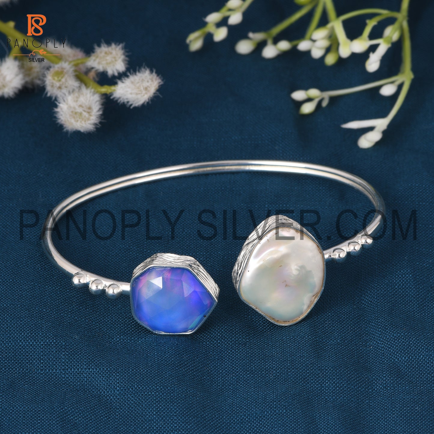 Silver Trendy Cuff With Fancy Aurora Opal Blue & Pearl Bangles