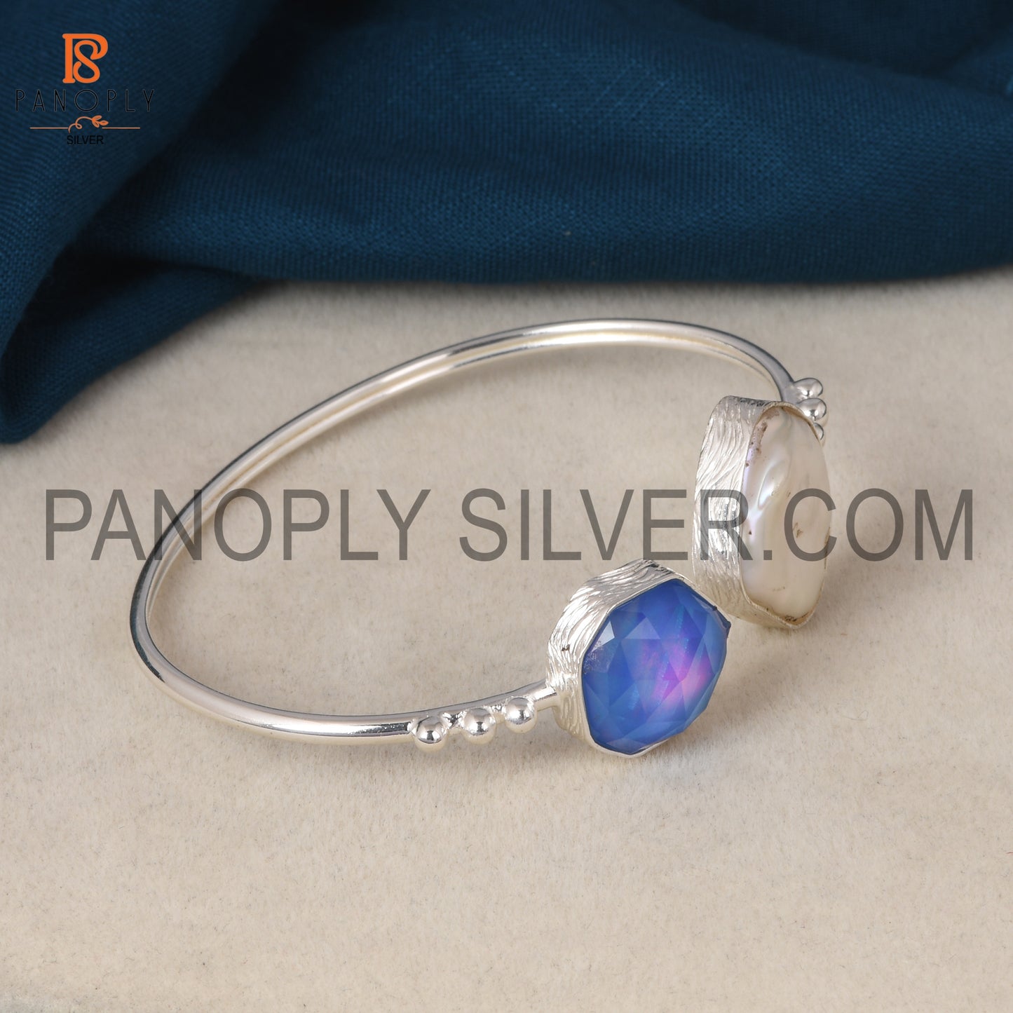 Silver Trendy Cuff With Fancy Aurora Opal Blue & Pearl Bangles