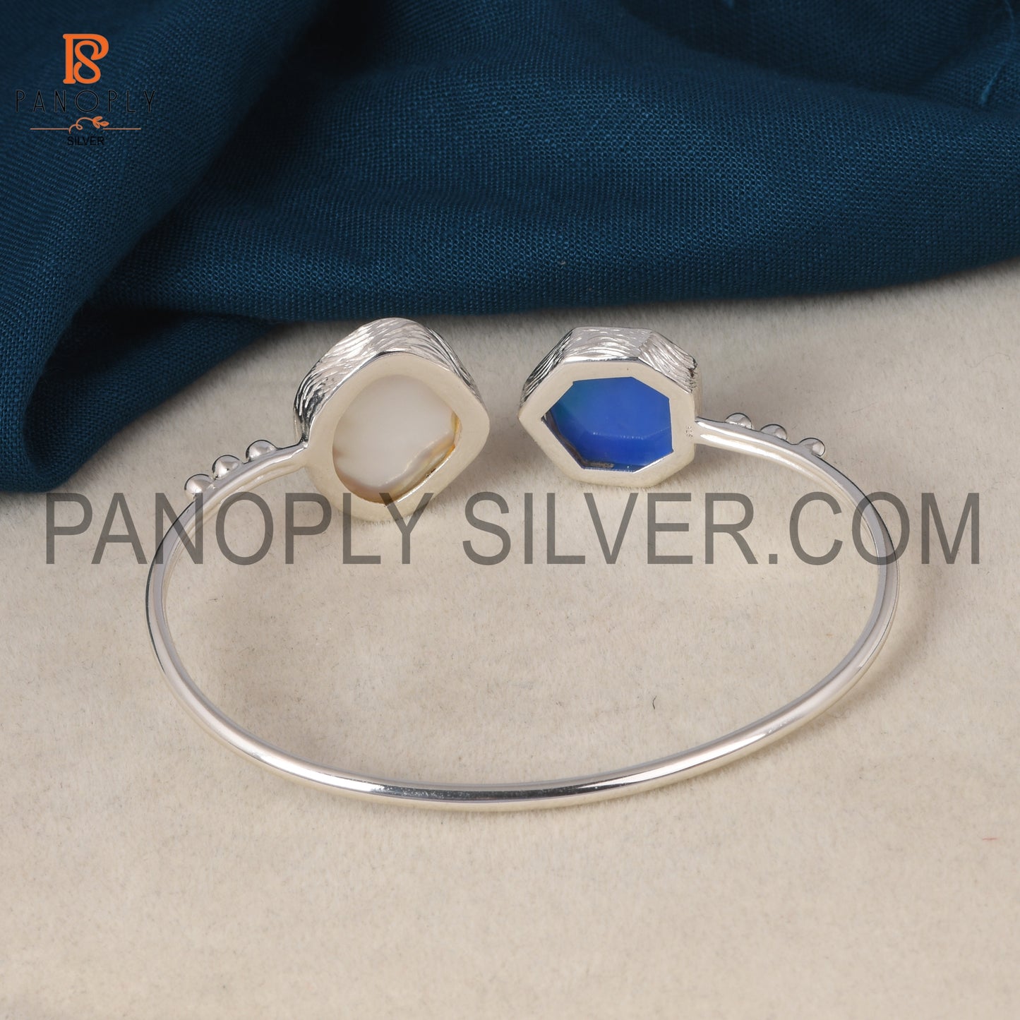 Silver Trendy Cuff With Fancy Aurora Opal Blue & Pearl Bangles