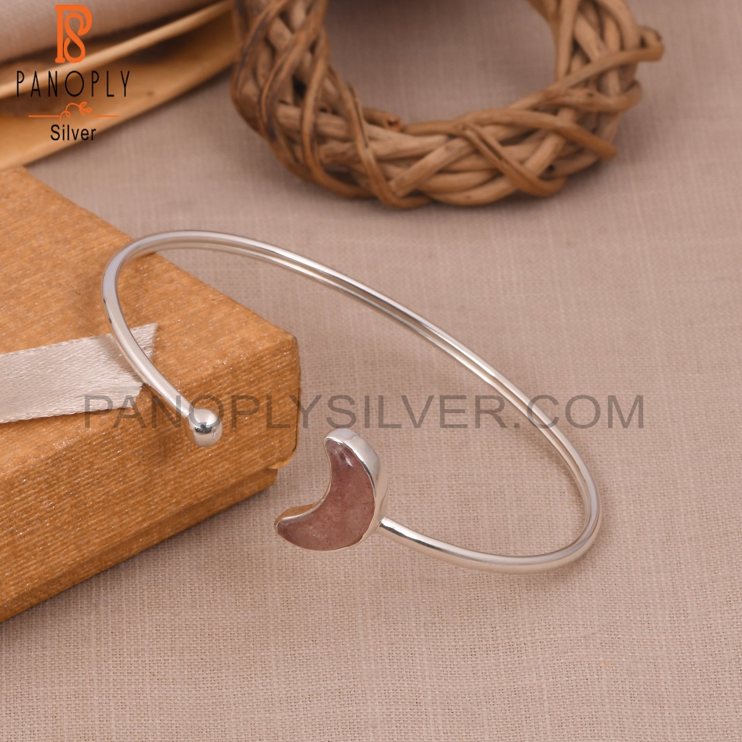 Strawberry Quartz Half Moon 925 Silver Cuff Bangles