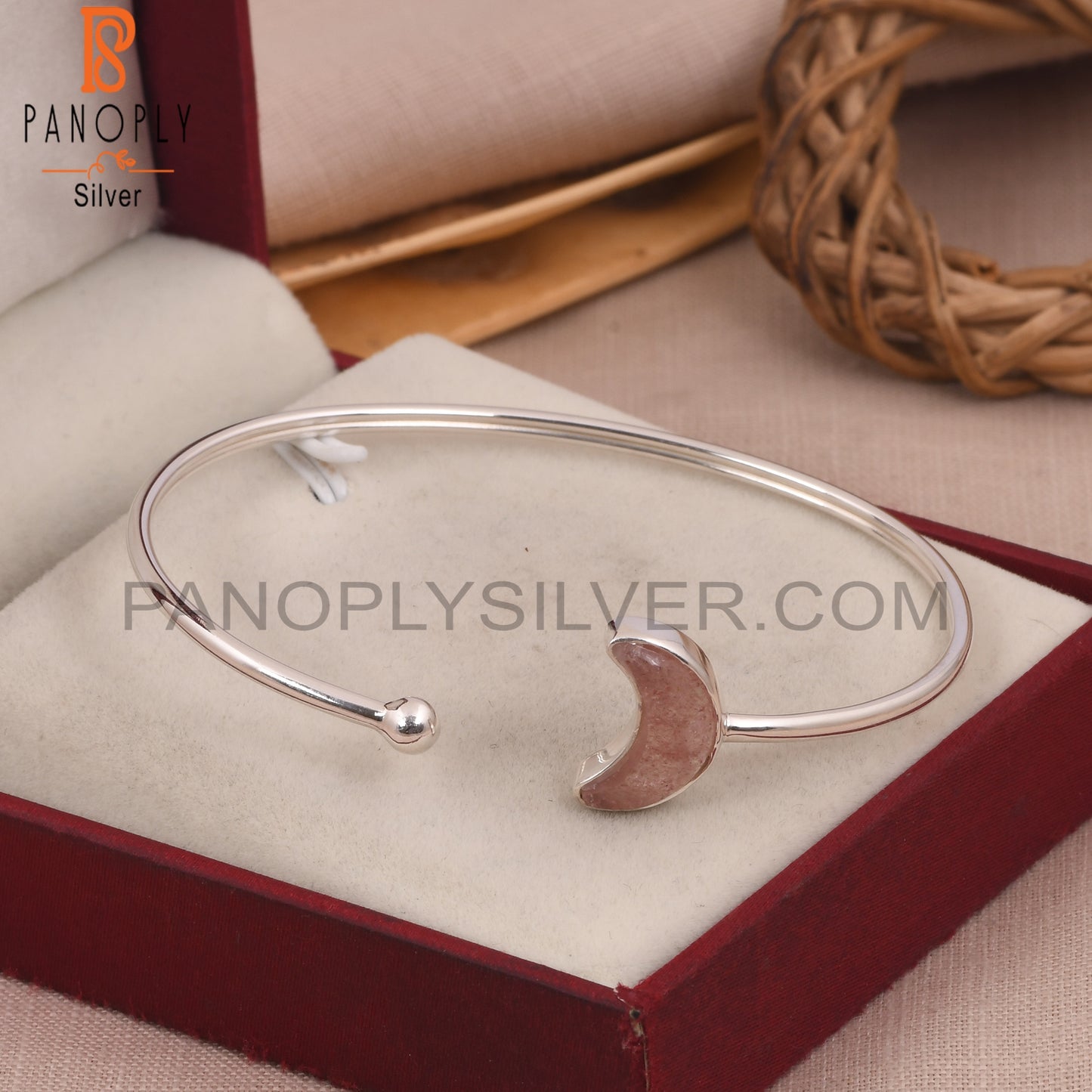 Strawberry Quartz Half Moon 925 Silver Cuff Bangles