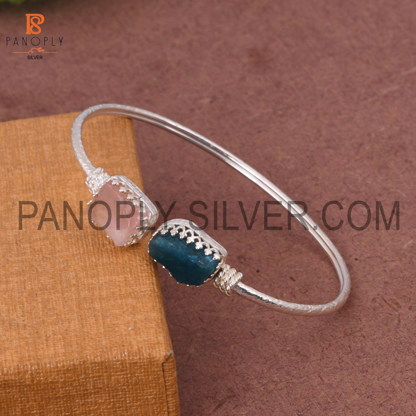 Neon Apatite & Rose Quartz Rough 925 Quality Silver Bangle