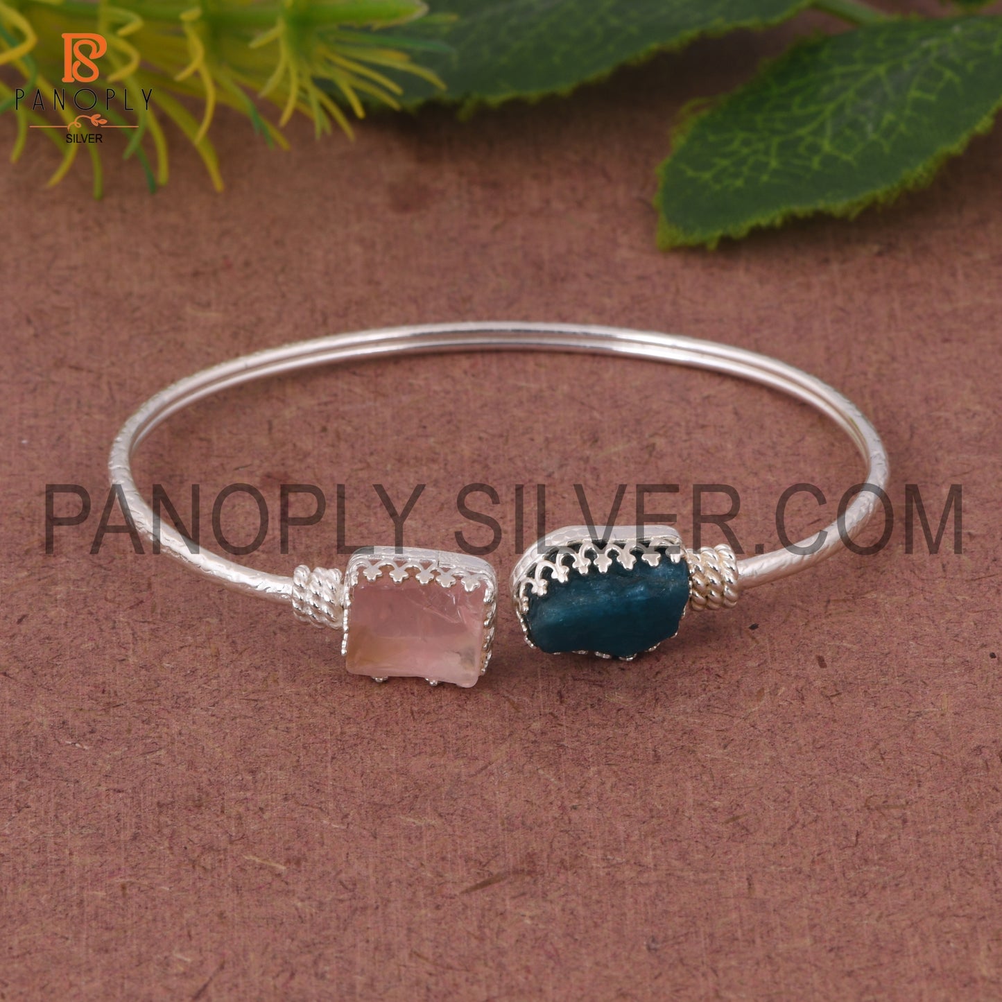Neon Apatite & Rose Quartz Rough 925 Quality Silver Bangle