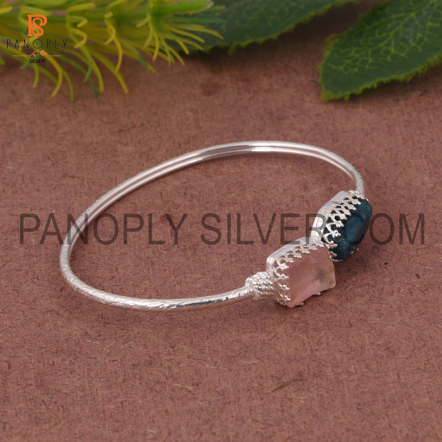 Neon Apatite & Rose Quartz Rough 925 Quality Silver Bangle