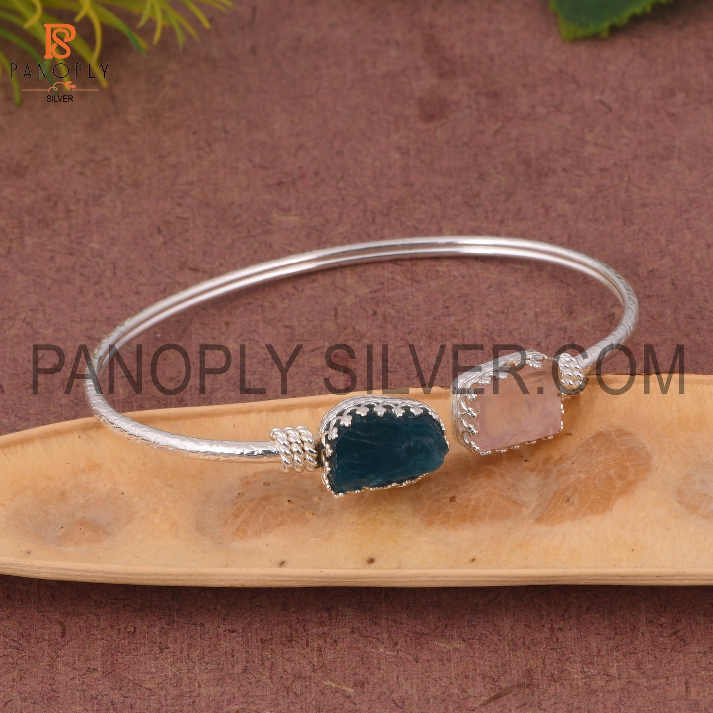 Neon Apatite & Rose Quartz Rough 925 Quality Silver Bangle
